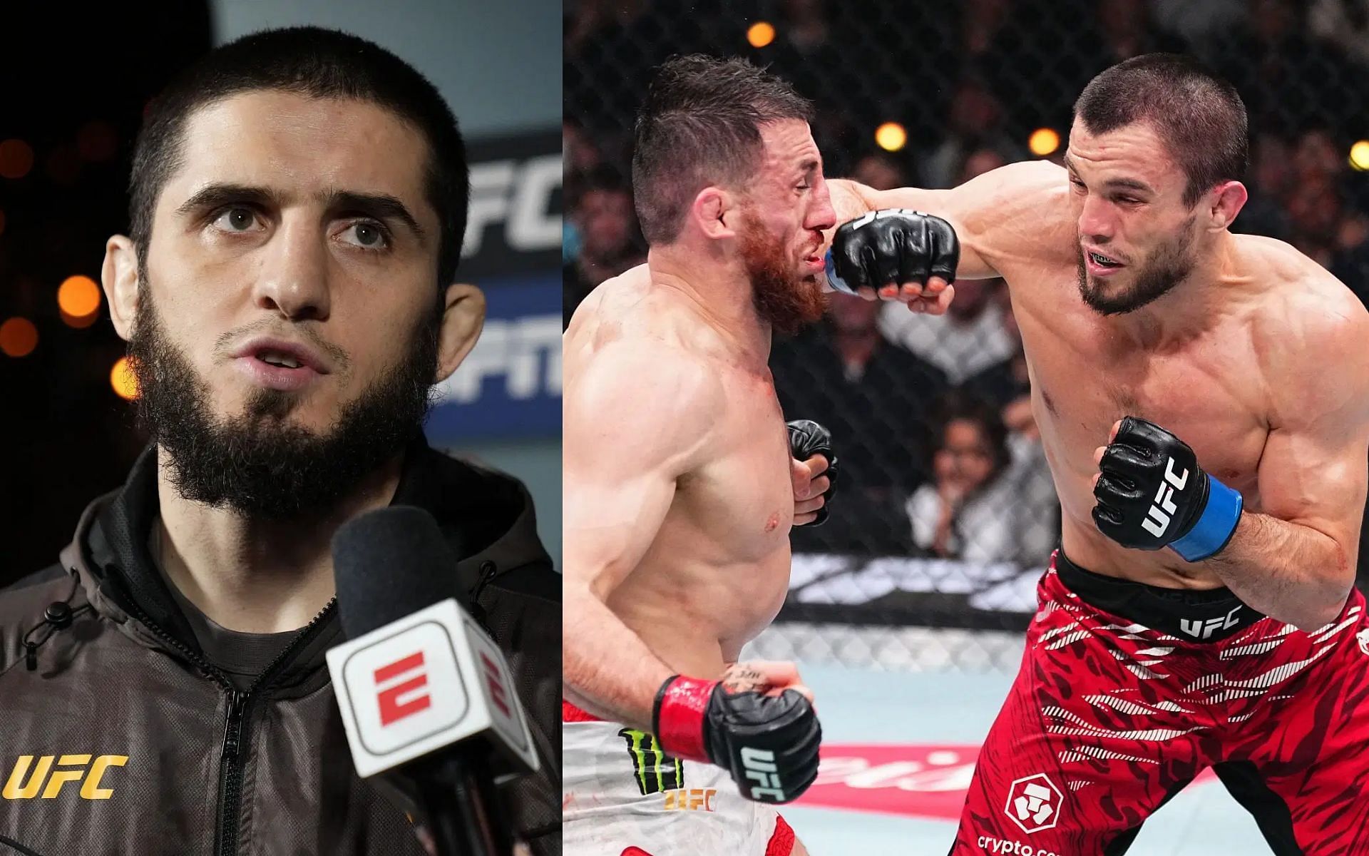 Islam Makhachev (left) shares honest reflection on difficulty watching Umar Nurmagomedov (far right) lose to Merab Dvalishvili (middle right) [Images courtesy: Getty Images]