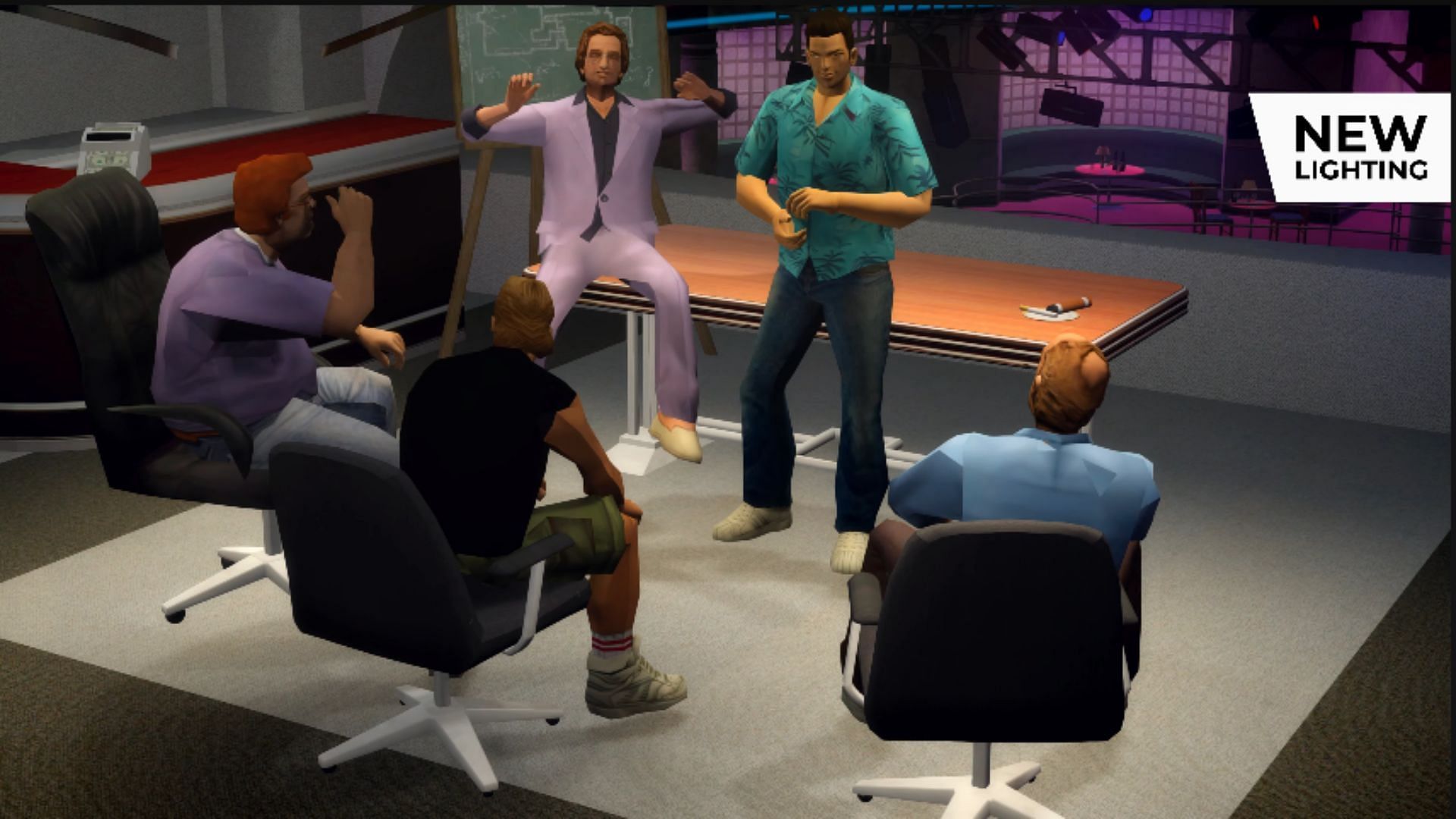 A showcase of the Vice City Nextgen Edition mod&#039;s new interior lighting (Image via YouTube/Revolution Team)