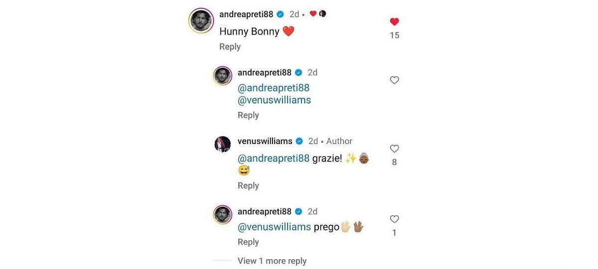 Andrea Preti&#039;s comments on Venus Williams&#039; post | Instagram @venuswilliams