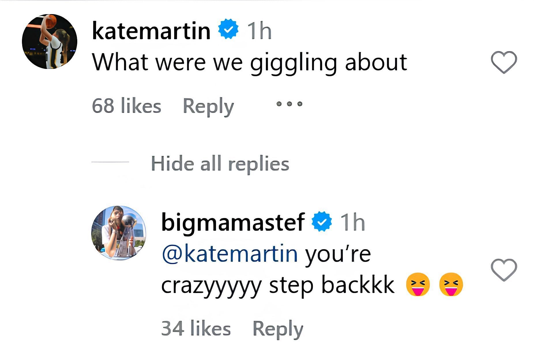 Kate Martin and Stefanie Dolson interact on Instagram. (Credits: IG/@bigmamastef)