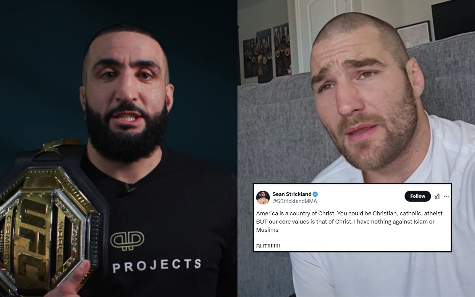 Belal Muhammad (left) reacts to Sean Strickland (right) and his recent rant on X (insert). [Image credit: @bullyb170, @stricklandmma on Instargam, @SStricklangMMA on X]