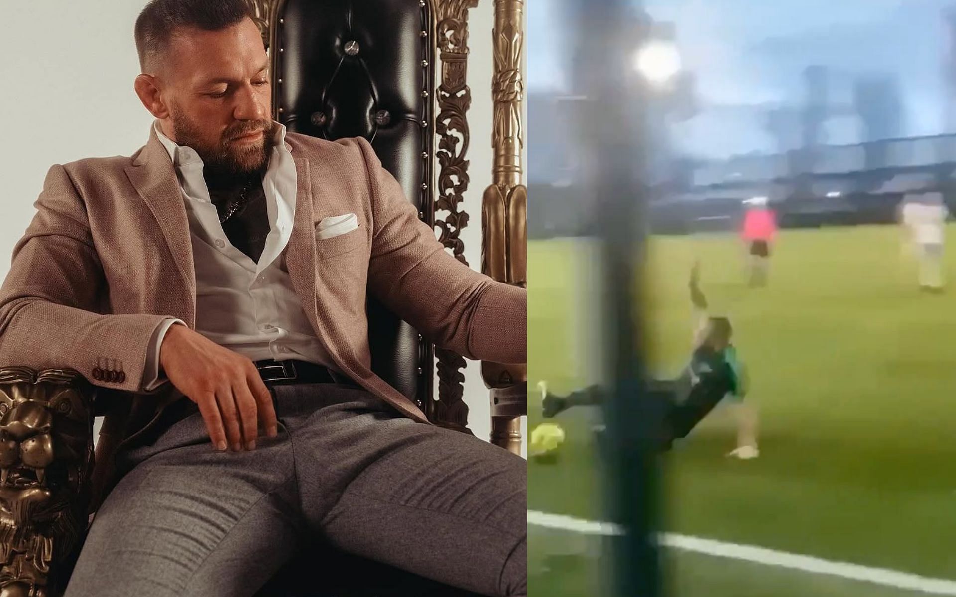 Conor McGregor slides in for a tackle as he plays soccer [Image Courtesy: @thenotoriousmma on Instagram and @ChampRDS on X]