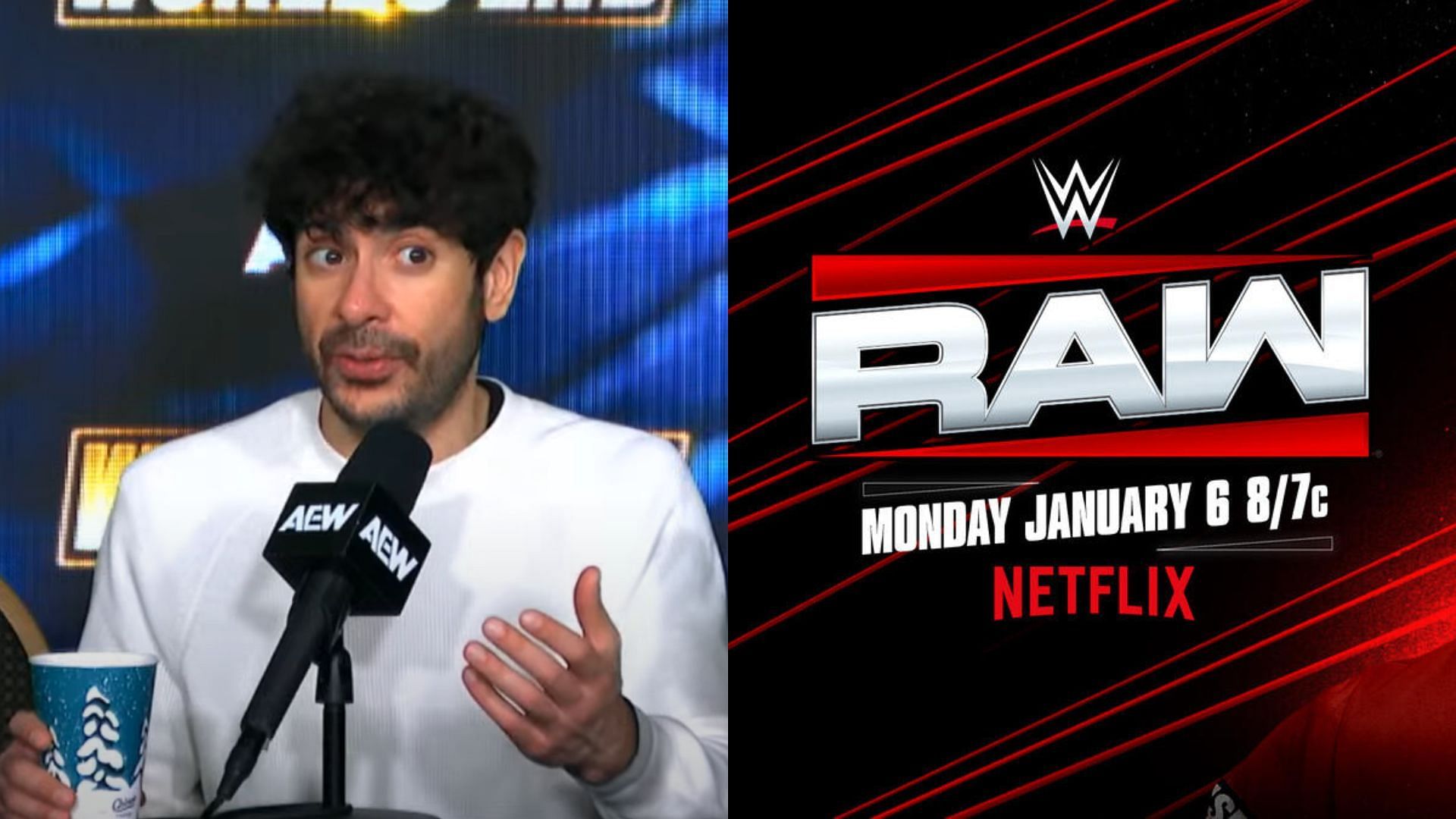 Tony Khan (left) and WWE RAW (right). (Image credits: AEW YouTube channel &amp; wwe.com)