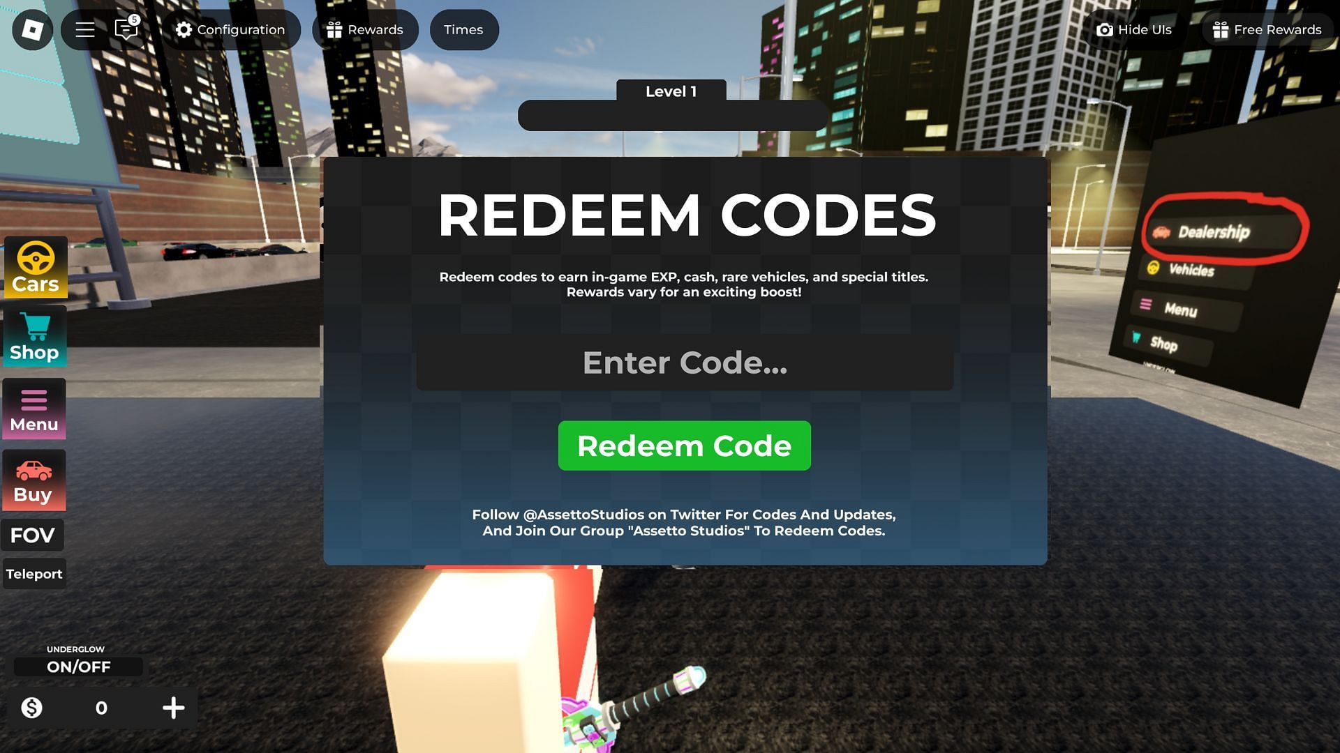 Redeem the active code (Image via Roblox)