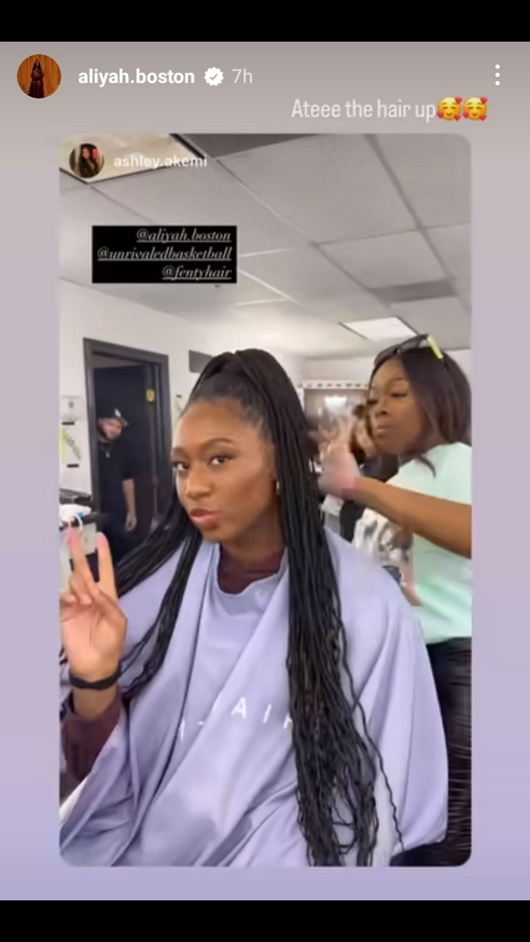 Aliyah Boston gets her hair done for an Unrivaled shoot. Image source: https://www.instagram.com/stories/aliyah.boston/3538287431248068360/