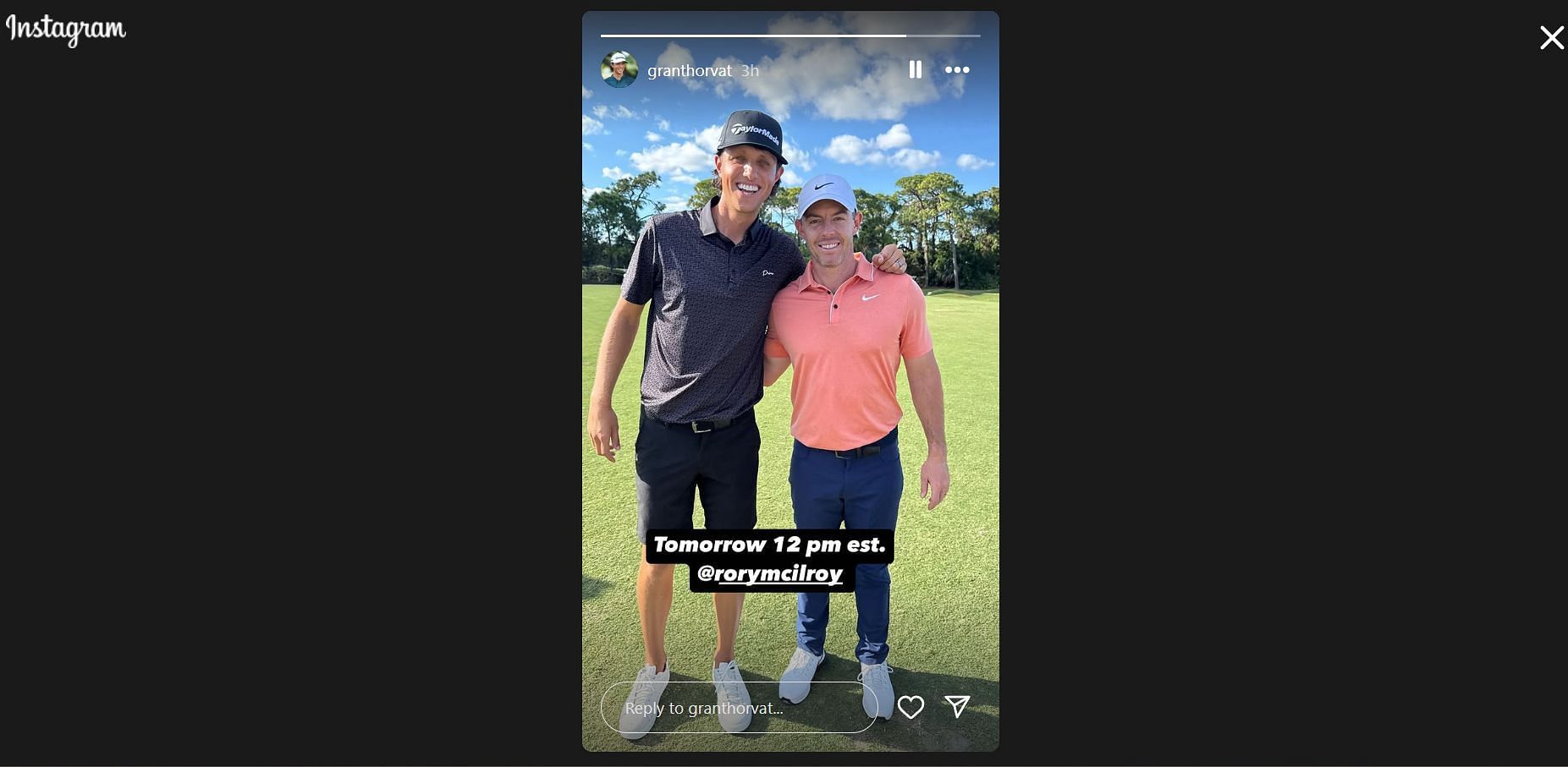 Screengrab of Grant Horvat&#039;s Instagram story featuring him and Rory McIlroy (@granthorvat)