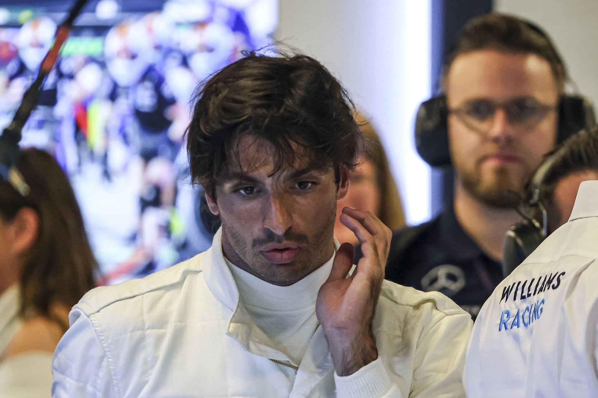 Carlos Sainz of Spain spotted with his new team Williams in the pit. Sainz, driver of Williams Racing Formula One Team with the FW46 F1 race car no 55, spotted in the pit with a white track suit and helmet during post-season test day at the YAS circuit, after the F1 Grand Prix of Abu Dhabi at Yas Marina Circuit, Abu Dhabi, United Arab Emirates on December 10, 2024 (Photo by Nicolas Economou/NurPhoto via Getty Images) - Source: Getty