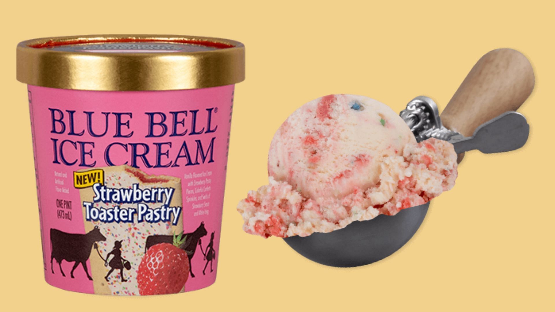 A creamy vanilla ice cream loaded with strawberry pastry pieces (Image via bluebell.com)