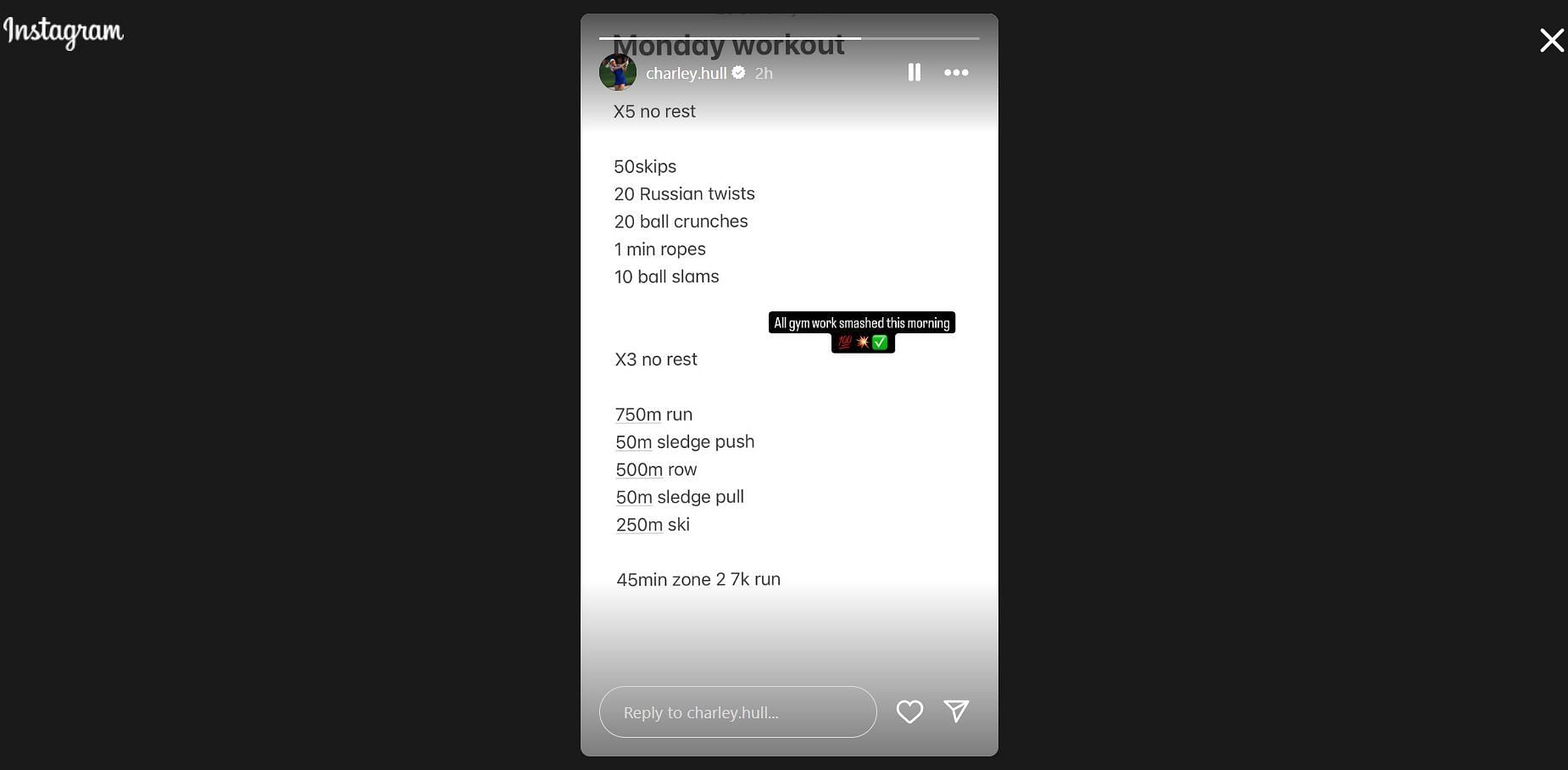 Charley Hull&#039;s fitness routine from her Instagram/ source: @charley.hull on IG