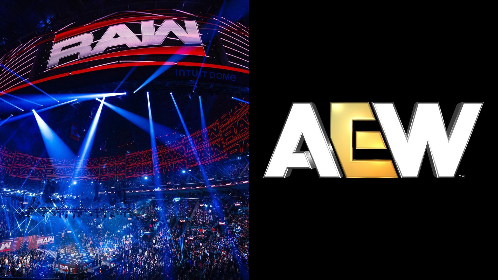 WWE RAW arena (left) and AEW logo (right). (Image credits: wwe.com &amp; AEW Facebook page)