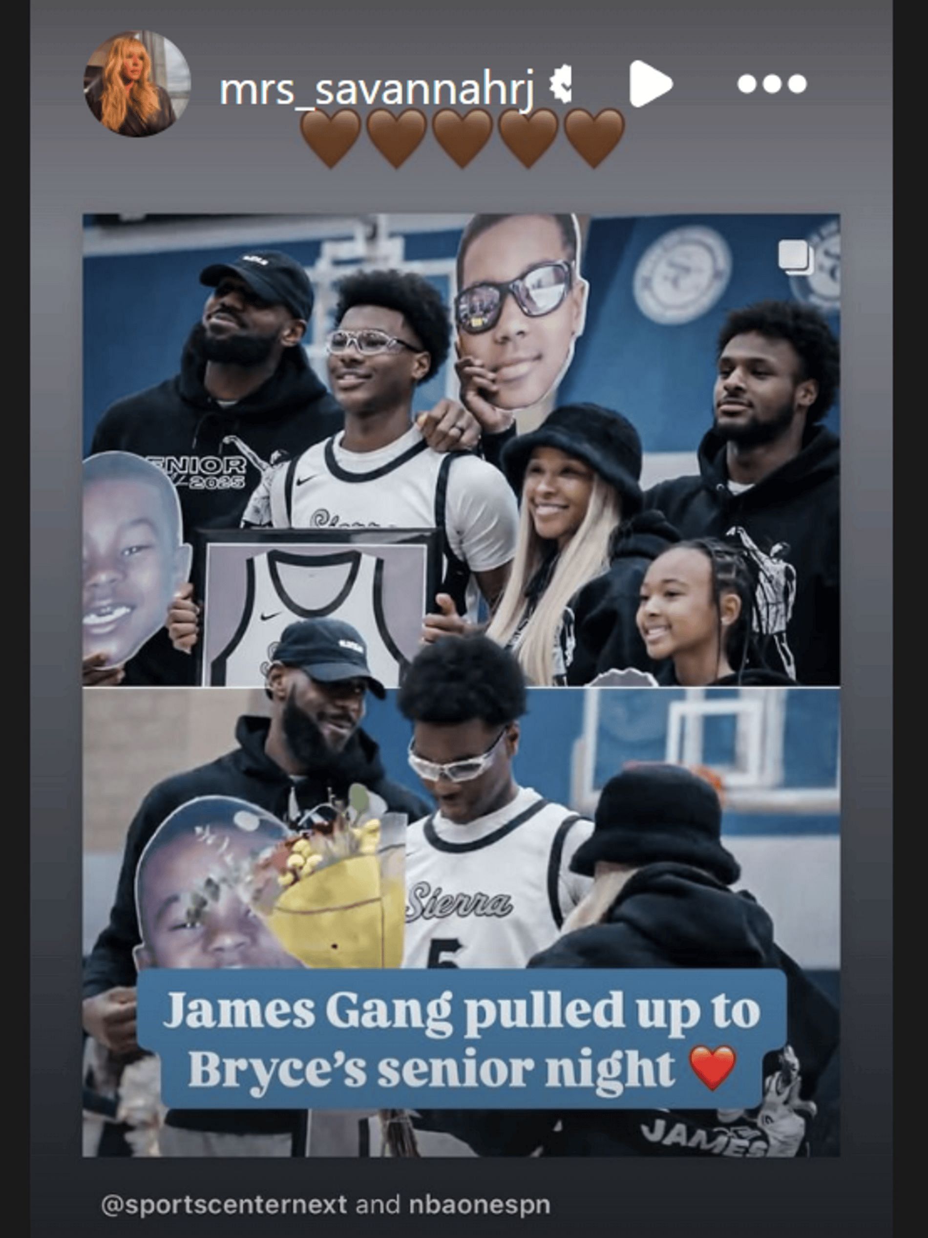 Savannah James shares family photo during senior night while Bryce James was being honored (Source: Instagram/mrs_savannahrj)