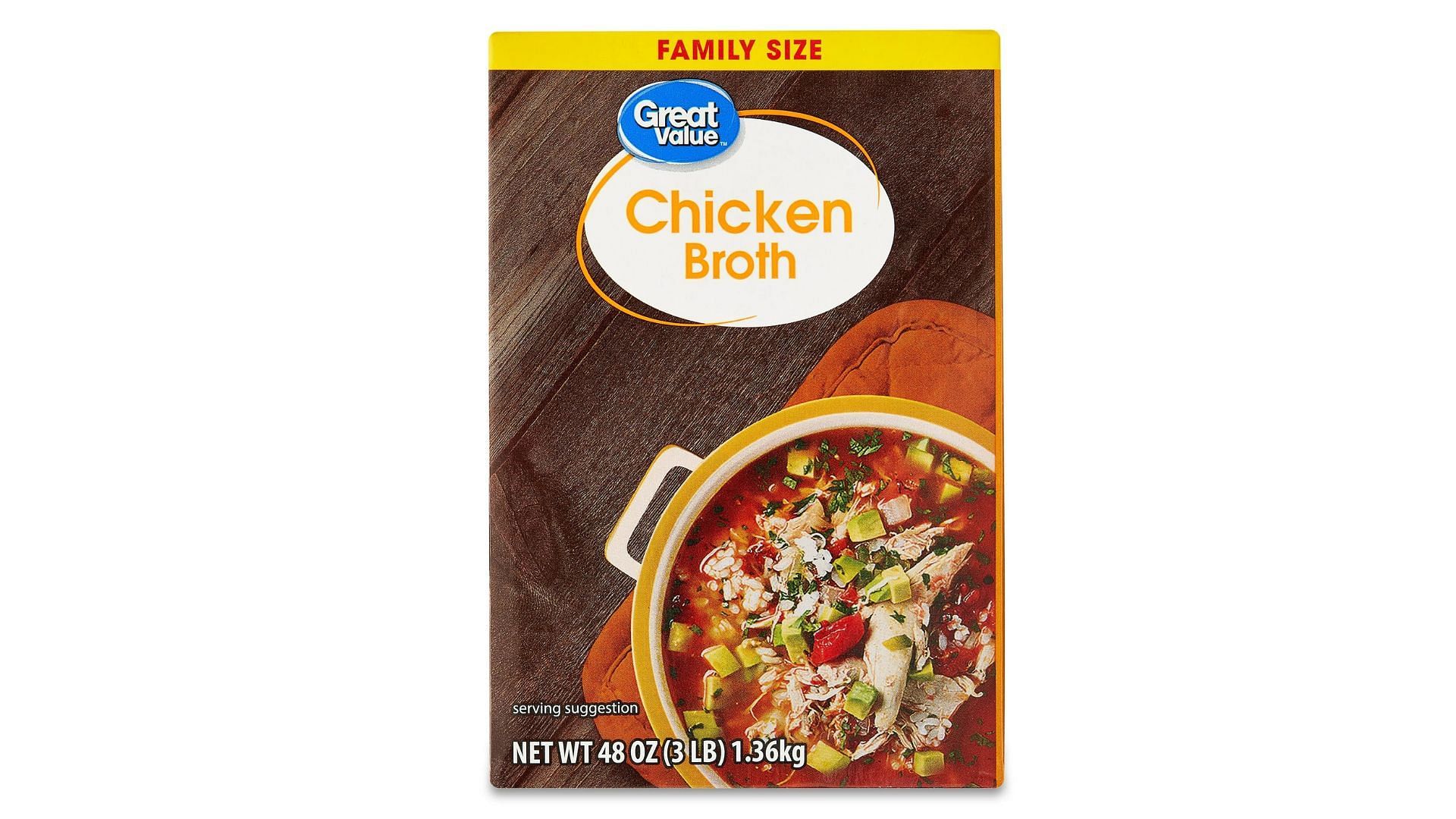 Great Value family size chicken broth, 48 oz carton (Image via Walmart)