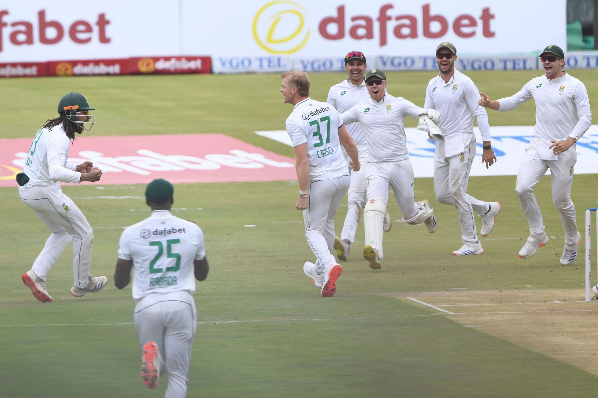 Corbin Bosch (No. 37) celebrates his maiden Test wicket in the 1st Test against Pakistan.