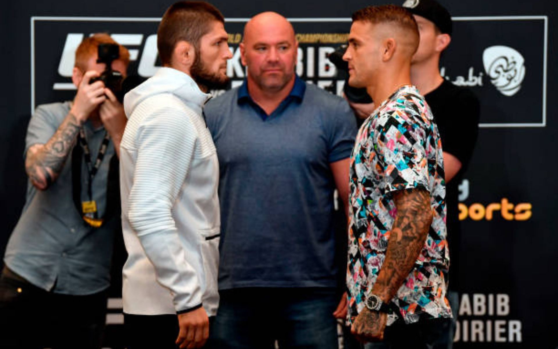 Khabib Nurmagomedov (left) talks about his fight with Dustin Poirier (right). [Image courtesy: Getty]