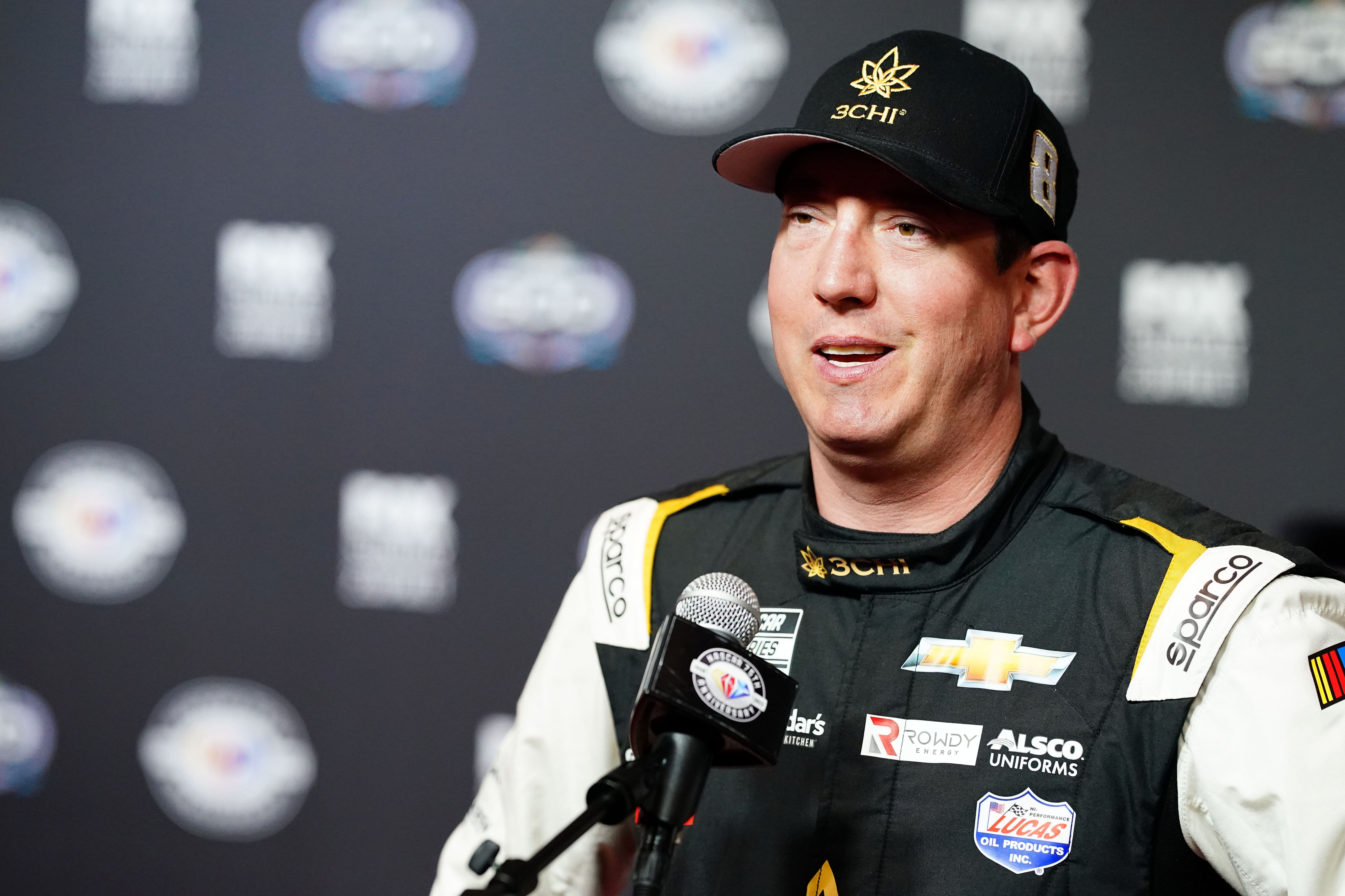 Feb 15, 2023; Daytona Beach, Florida, USA; NASCAR Cup Series driver Kyle Busch (8) talks with the press during media day at Daytona International Speedway. Mandatory Credit: John David Mercer-Imagn Images - Source: Imagn