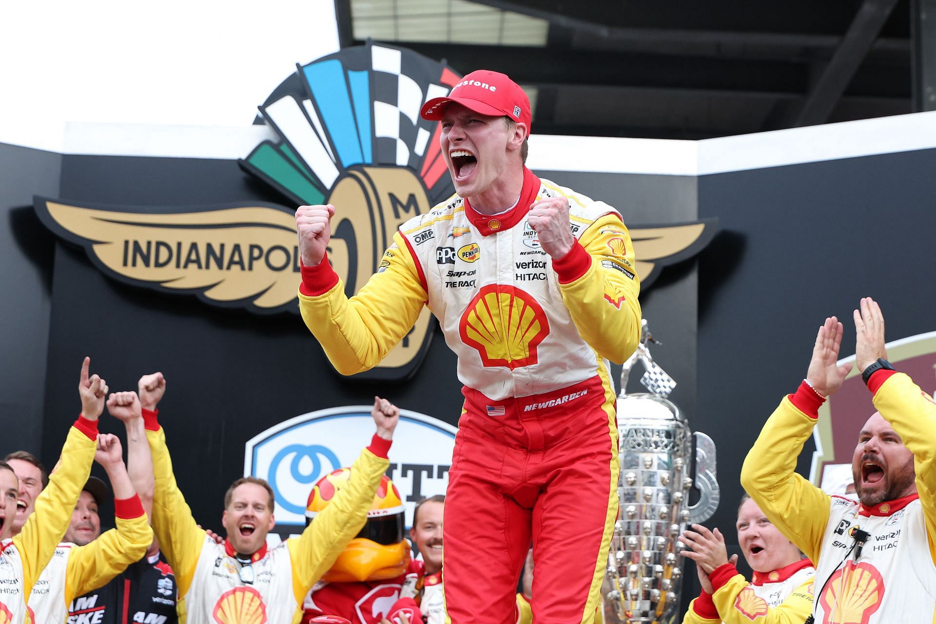 Josef Newgarden celebrates after winning the 108th Running of the Indianapolis 500 - Source: Getty