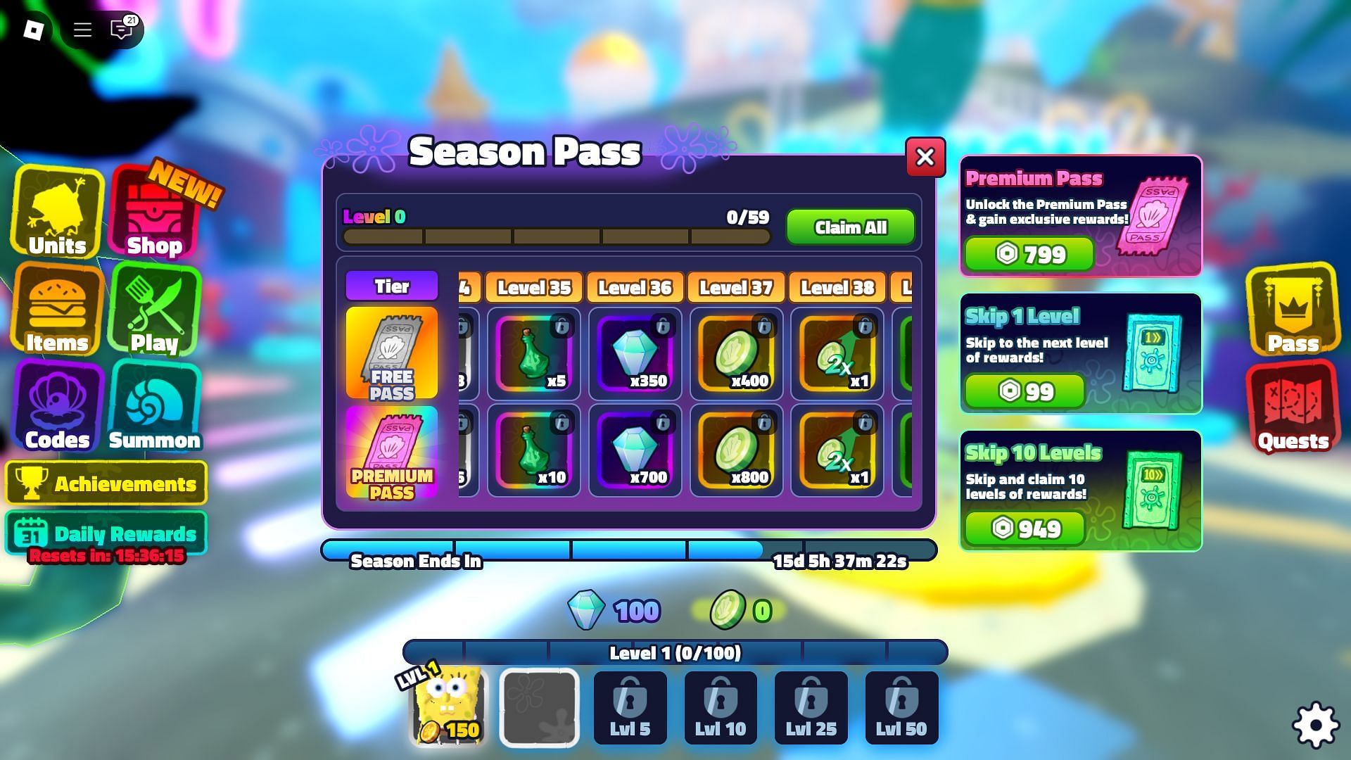 All rewards in the Update 2 Season Pass of SpongeBob Tower Defense (Image via Roblox)