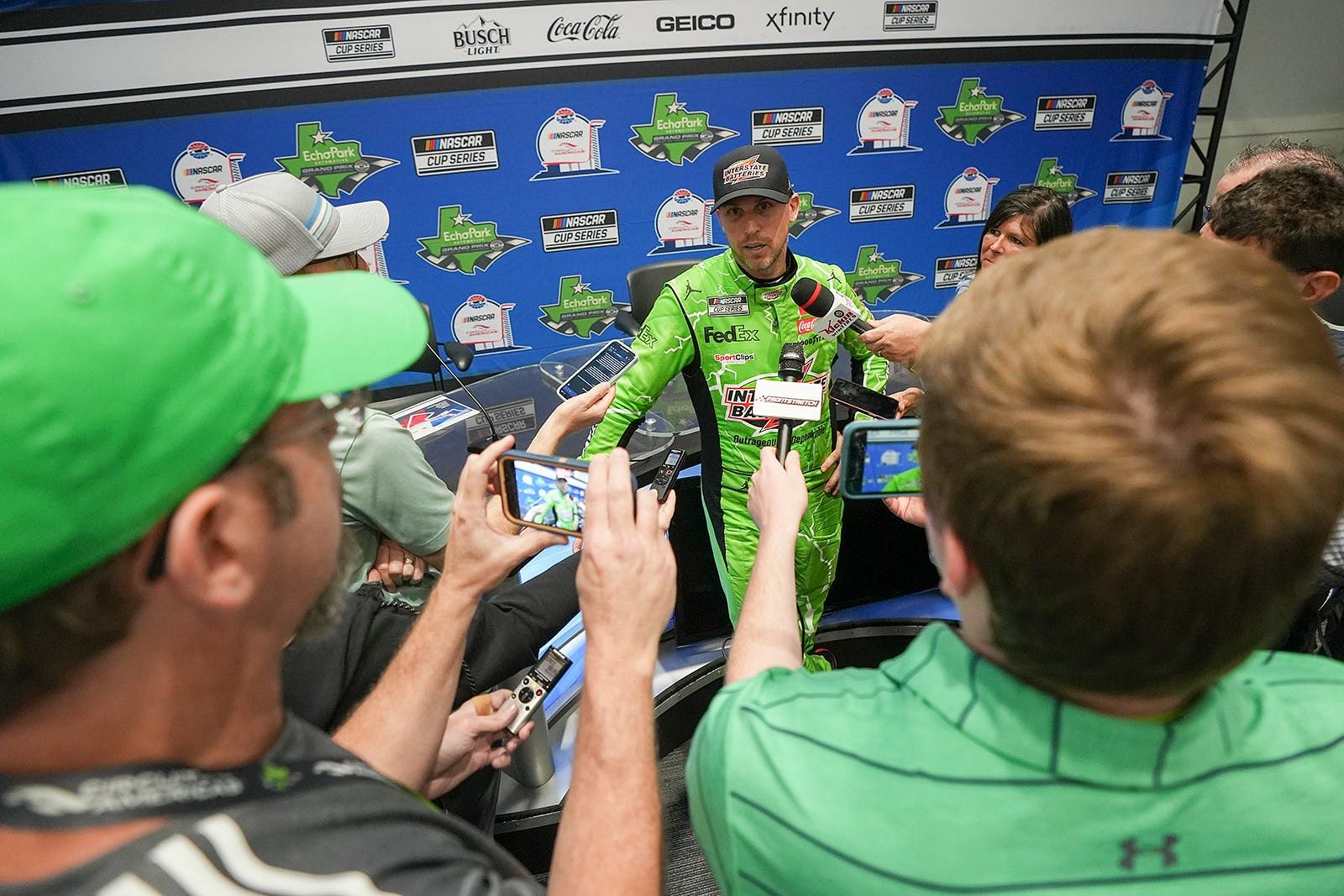 Denny Hamlin of Joe Gibbs Racing speaks to the press following NASCAR Cup series practice at Circuit of the Americas  - Source: Imagn