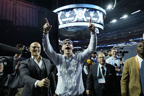 UConn Huskies head coach Dan Hurley celebrates after defeating the San Diego State Aztecs in the national championship game of the 2023 NCAA Tournament at NRG Stadium. Photo: Imagn