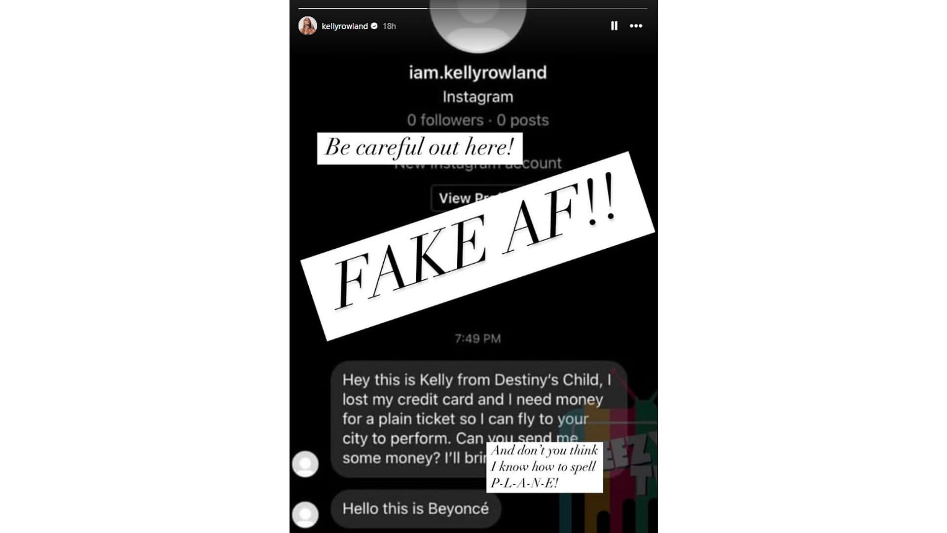 Kelly Rowland&#039;s Instagram story addressing the scam (Image via Instagram/@kellyrowland)