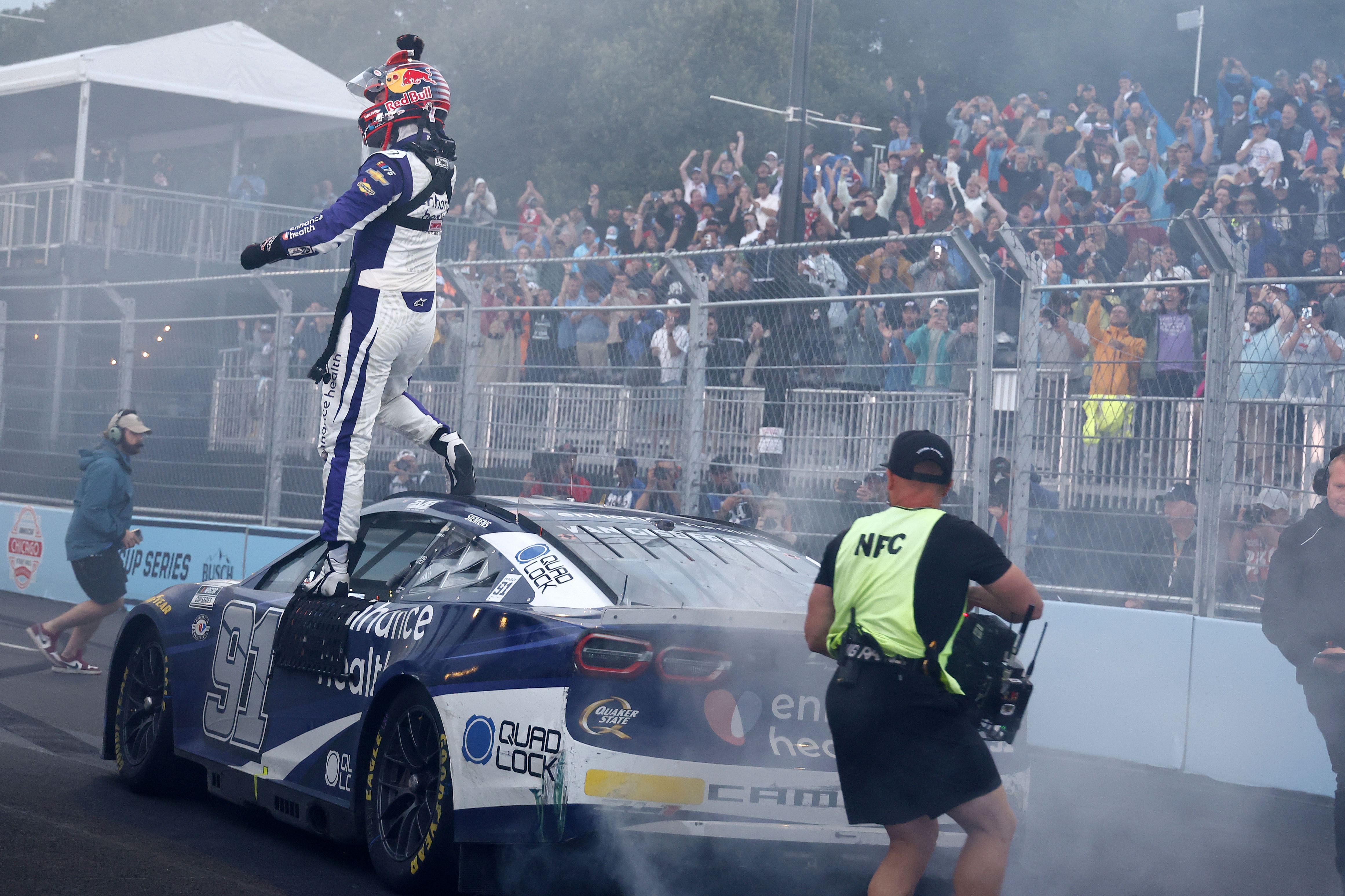 Shane Van Gisbergen (91) reacts after winning the Grant Park 220 of the Chicago Street Race at Chicago Street Race - Source: Imagn