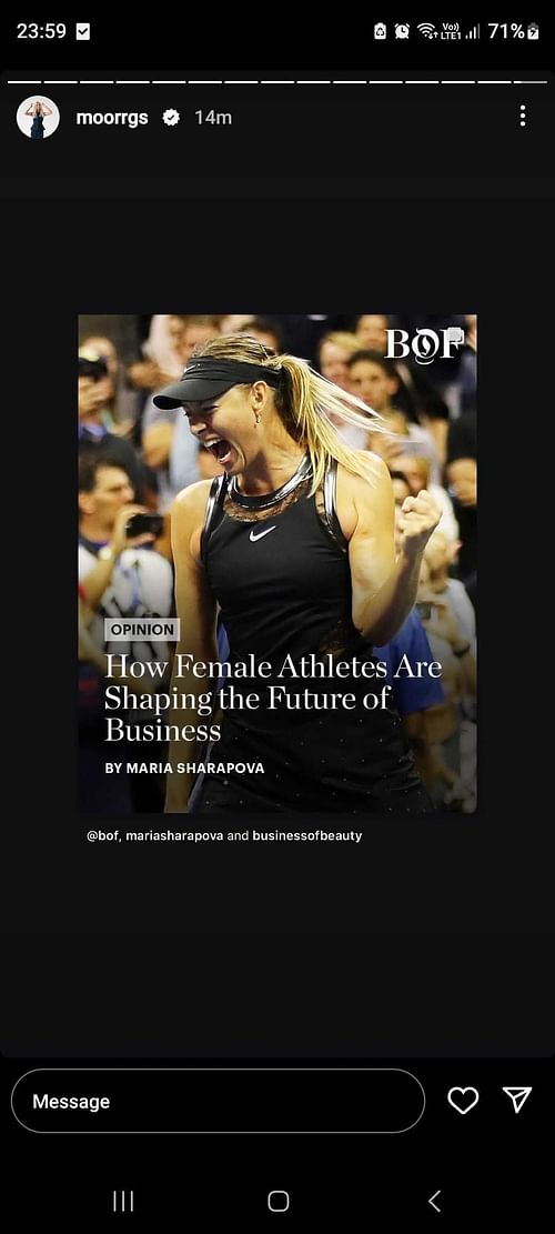 Morgan Riddle gives a shoutout to Maria Sharapova on Instagram