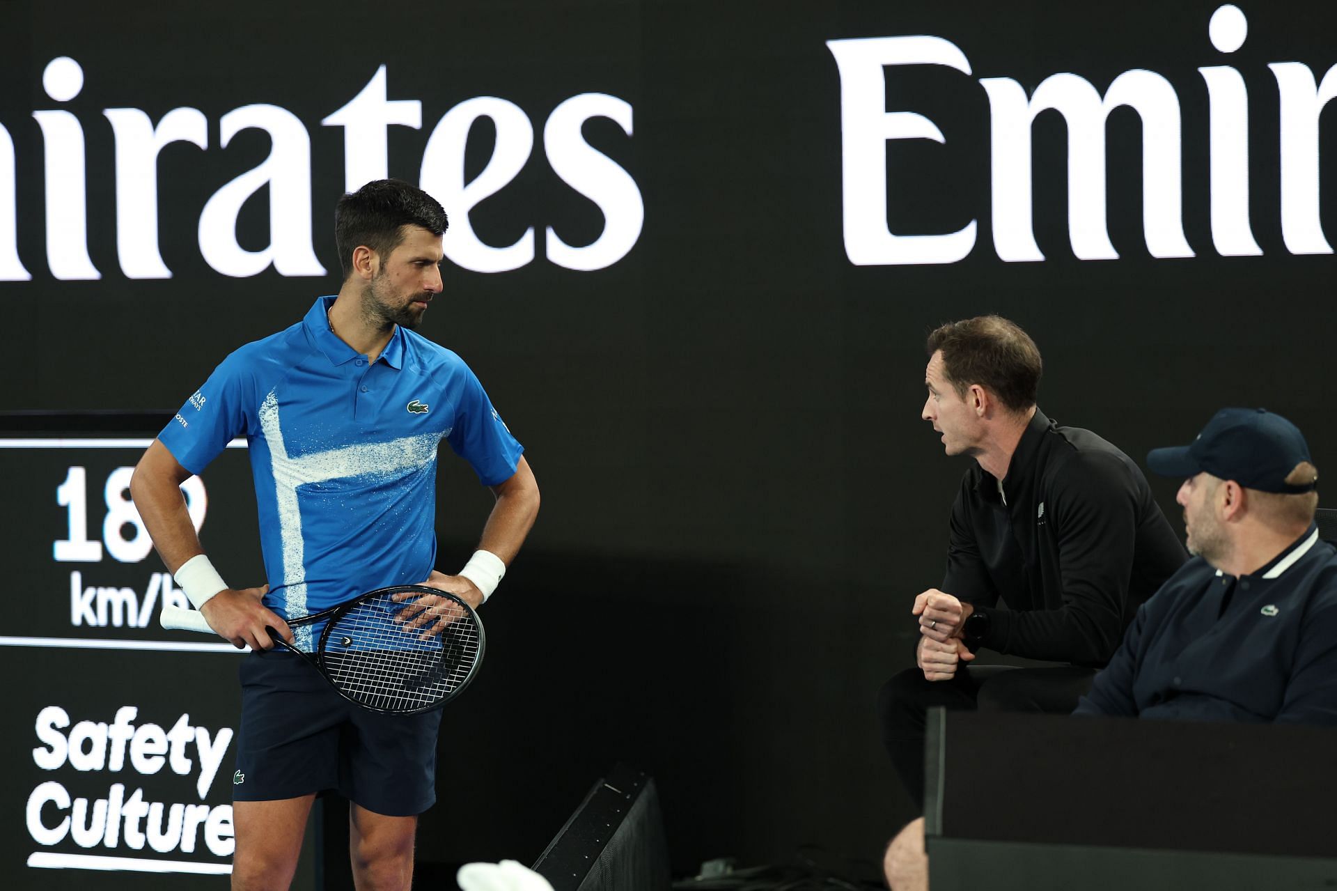 Novak Djokovic and Andy Murray interact during the 2025 Australian Open. (Source: Getty)