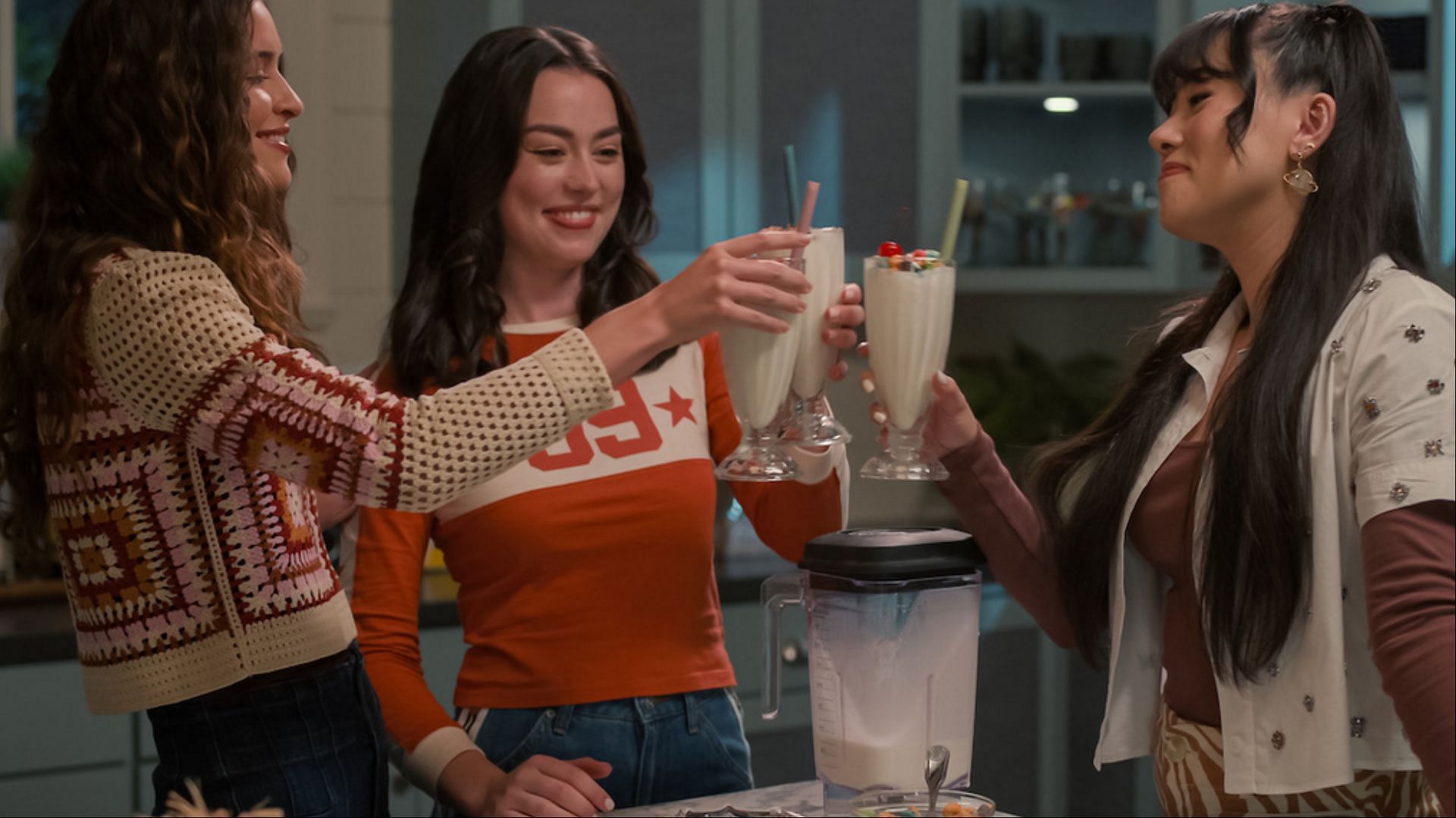 Serenity teens bonding over milkshakes - Annie, CeCe, and Lily share a lighthearted moment, celebrating friendship and connection in Sweet Magnolias season 3 ( Netflix Tudum)