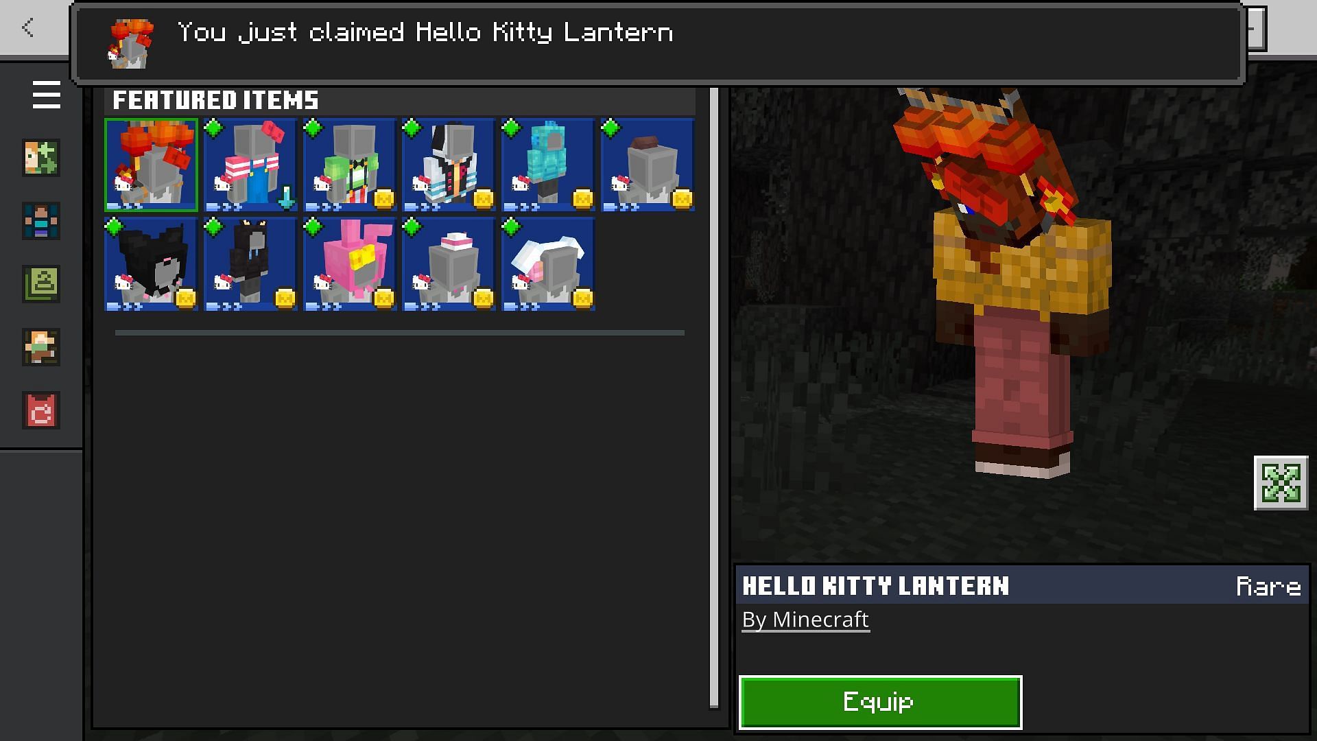 The Hello Kitty Lantern headgear can be claimed from the Dressing Room (Image via Mojang Studios)