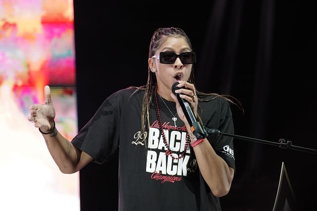 Las Vegas Aces forward/center Candace Parker speaks during the Las Vegas Aces championship parade at Toshiba Plaza. Photo Credit: Imagn