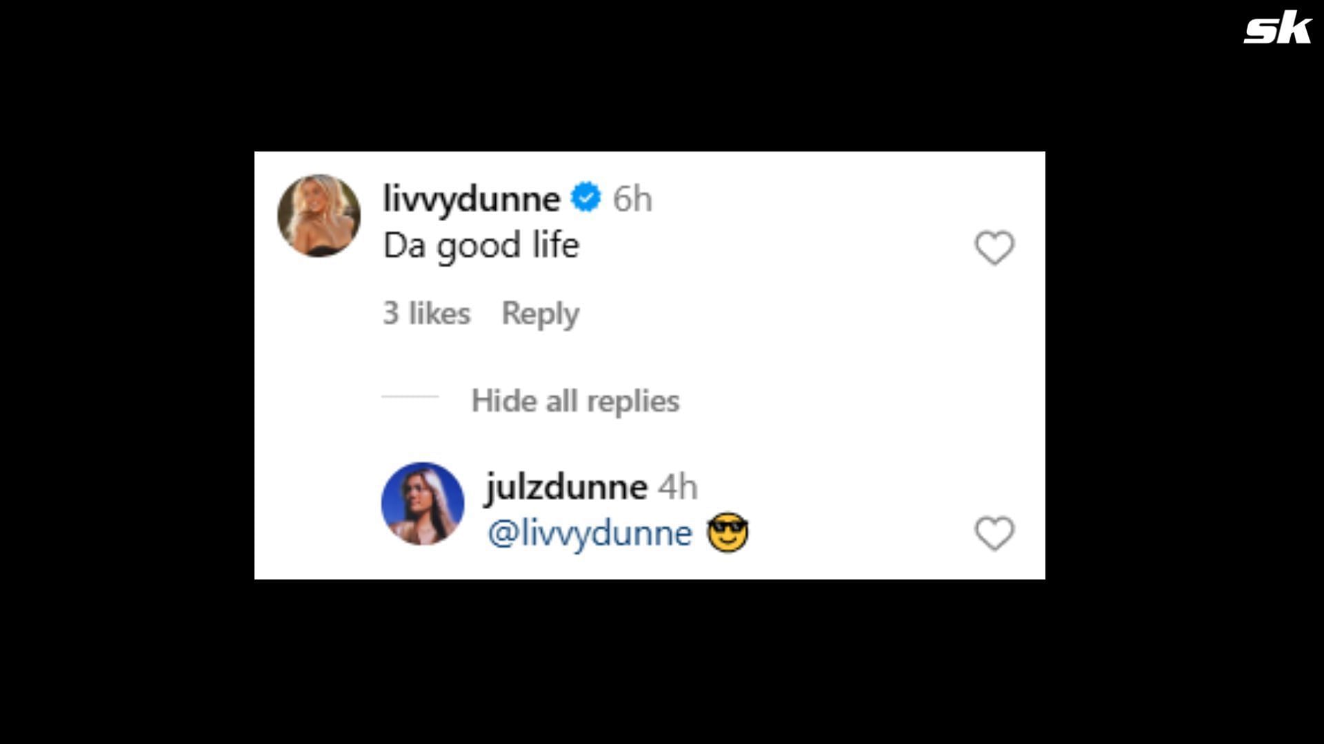 Screenshot of Olivia Dunne&#039;s comment from the post on Instagram. (Credits: IG/Julzdunne)