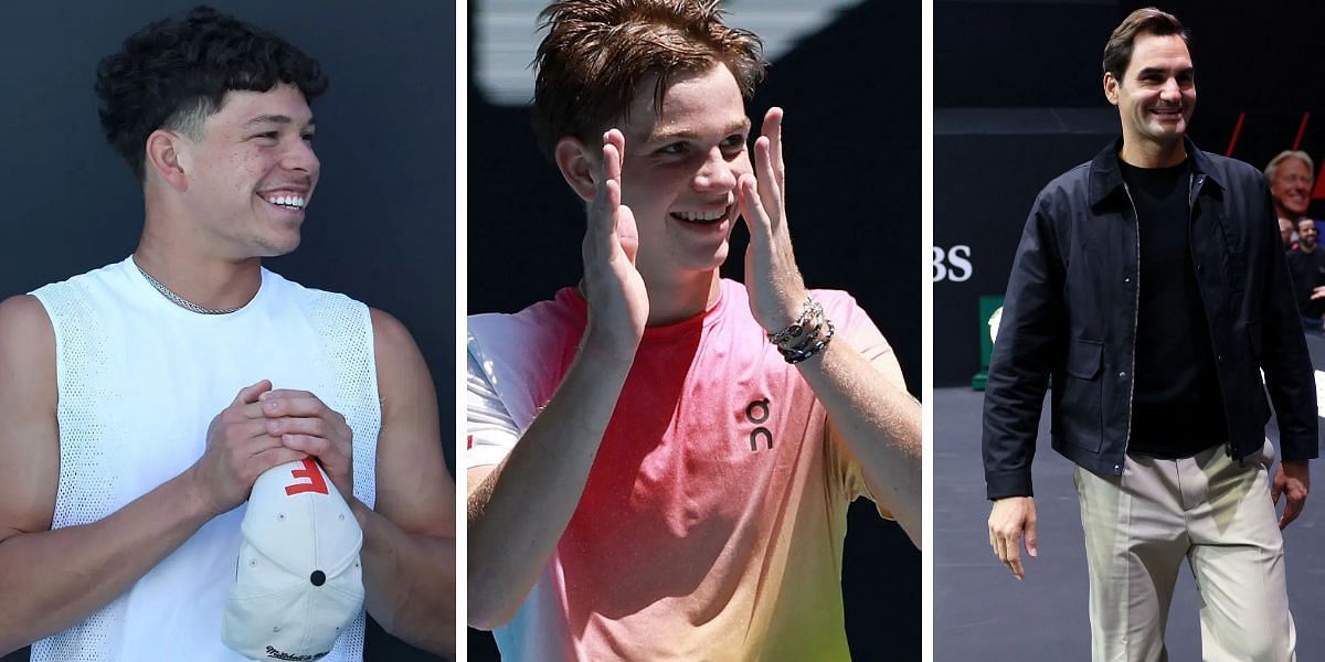 Ben Shelton (L), Henry Bernet (C) and Roger Federer (R); ( Source - Getty Images)