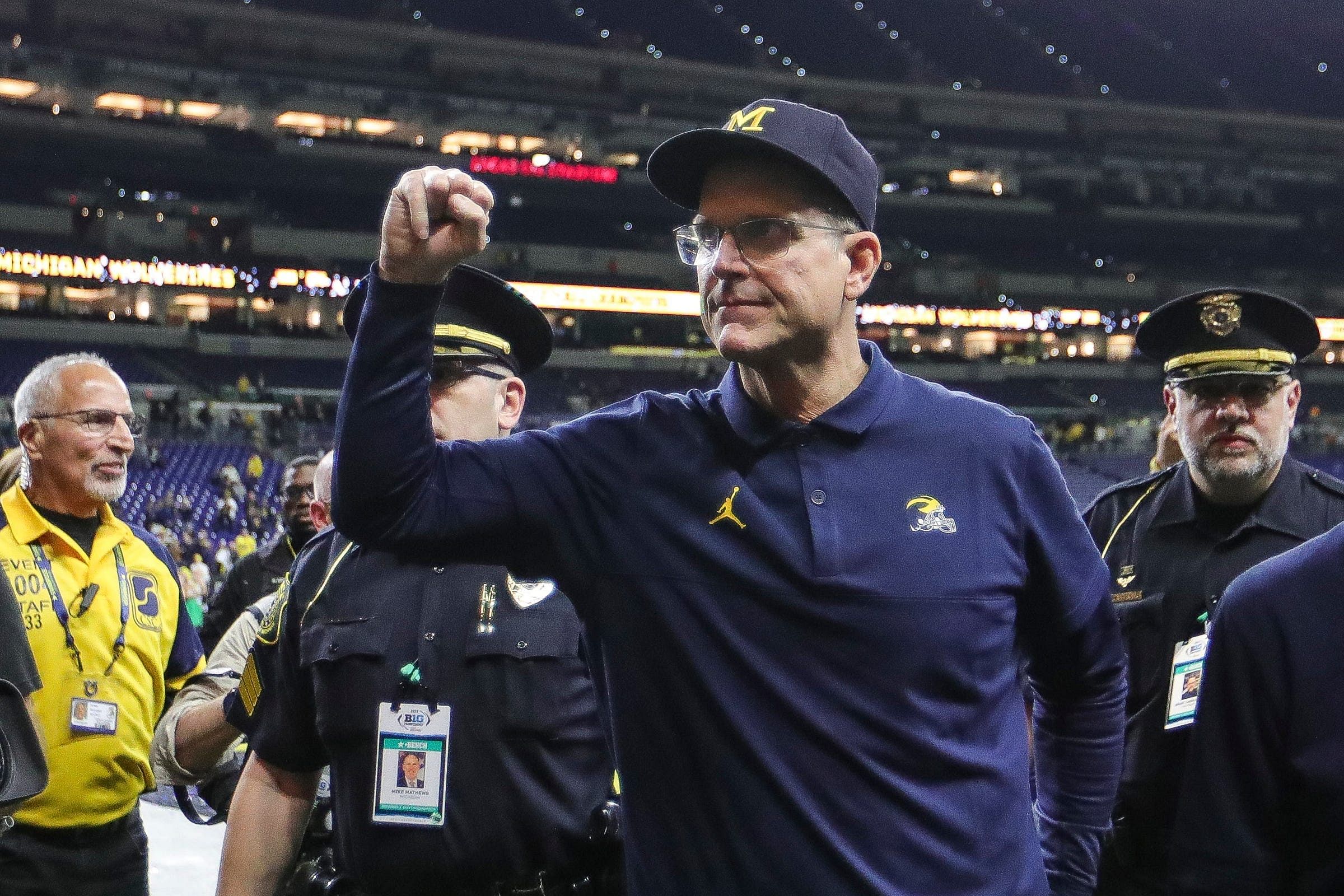 Former Michigan HC Jim Harbaugh celebrating winning the 2023 Big Ten championship - Source: Imagn