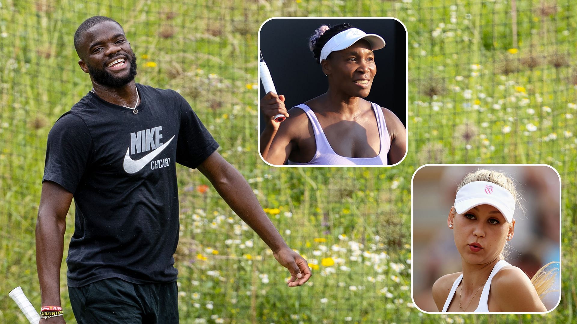 Frances Tiafoe, Venus Williams (top inset) and Anna Kournikova (bottom inset). Images: Getty