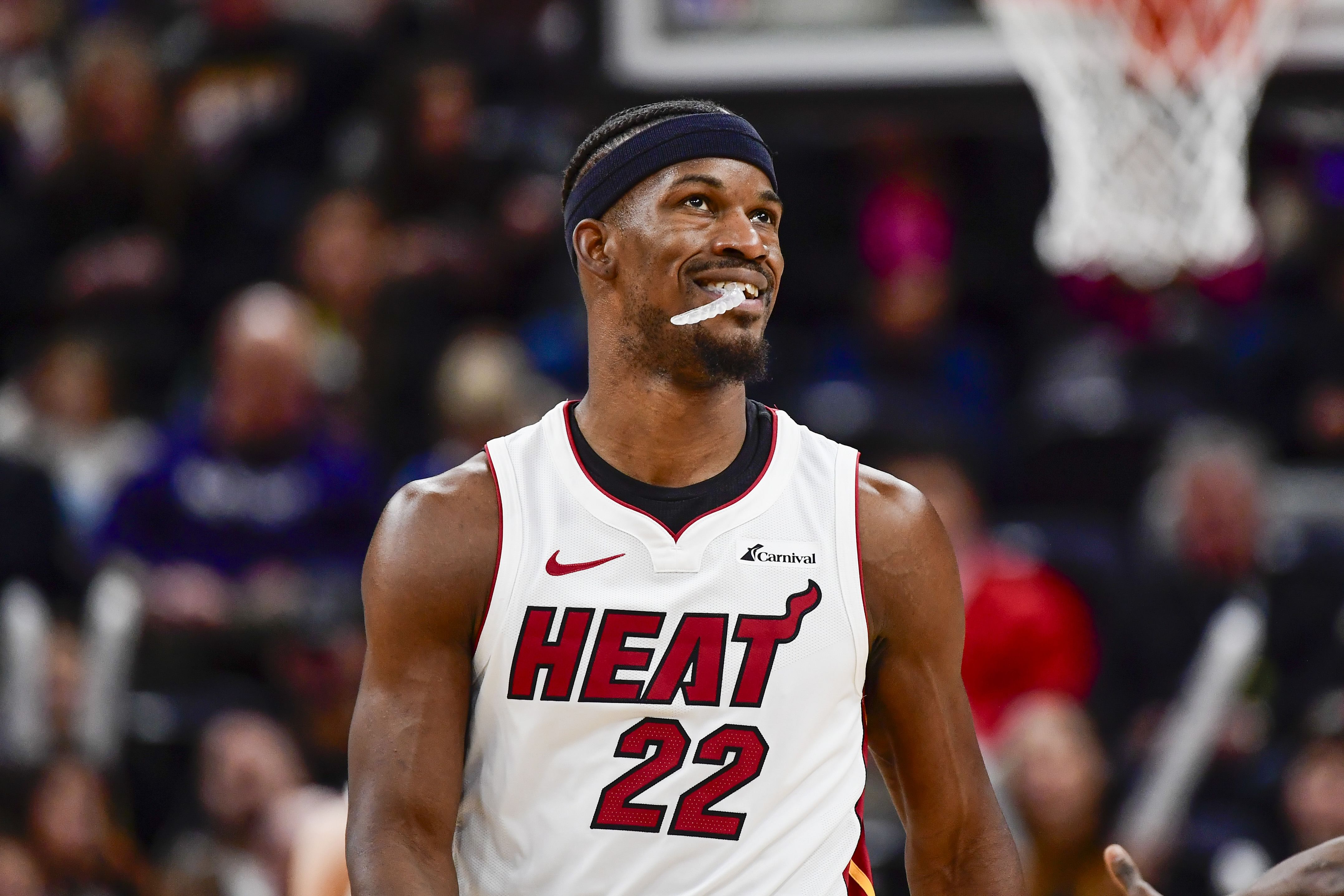 Miami Heat forward Jimmy Butler reacts after a call against the Utah Jazz at Vivint Arena. Photo Credit: Imagn