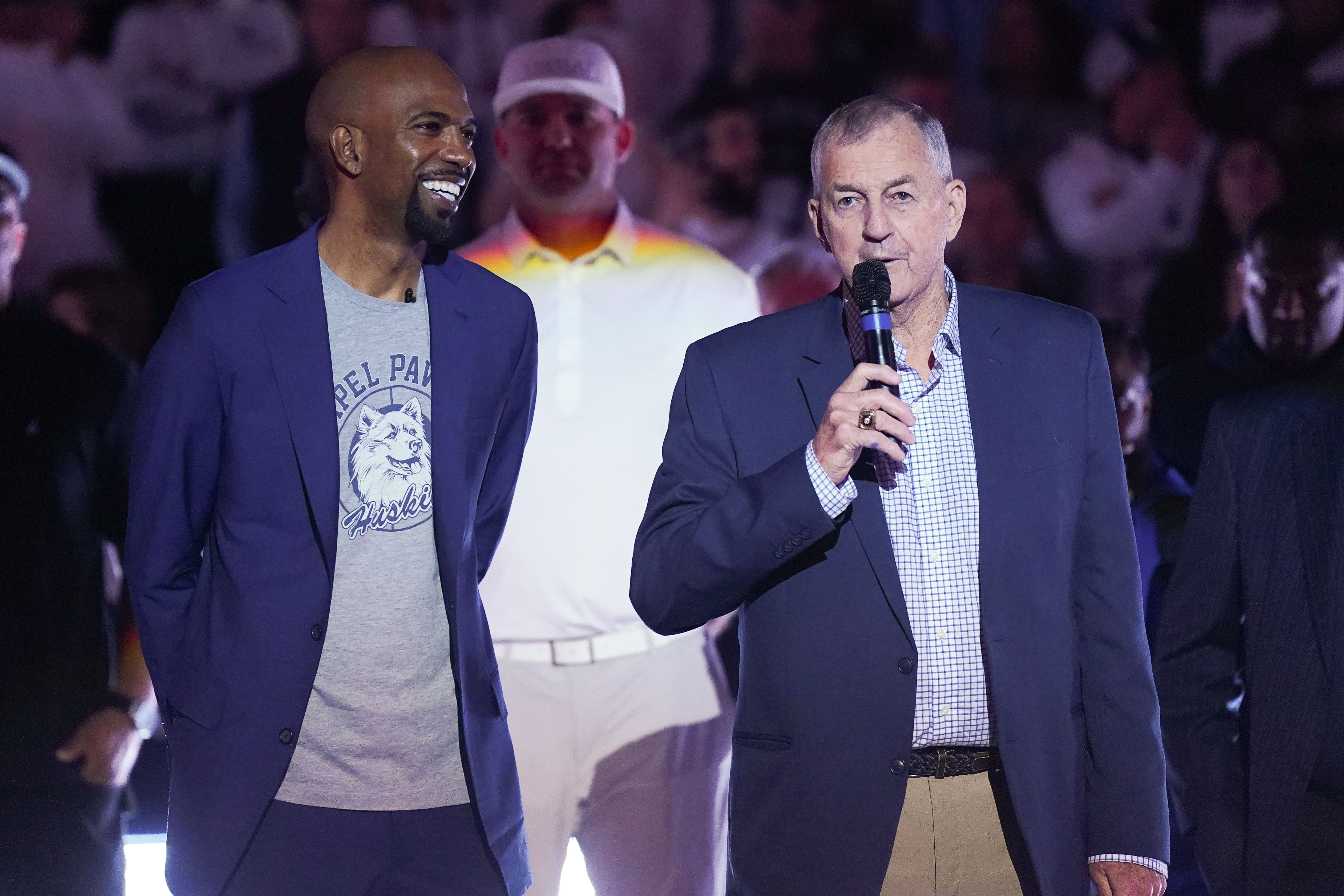 Jim Calhoun in 2024 with former NBA player Rip Hamilton. - Source: David Bulter II, Imagn