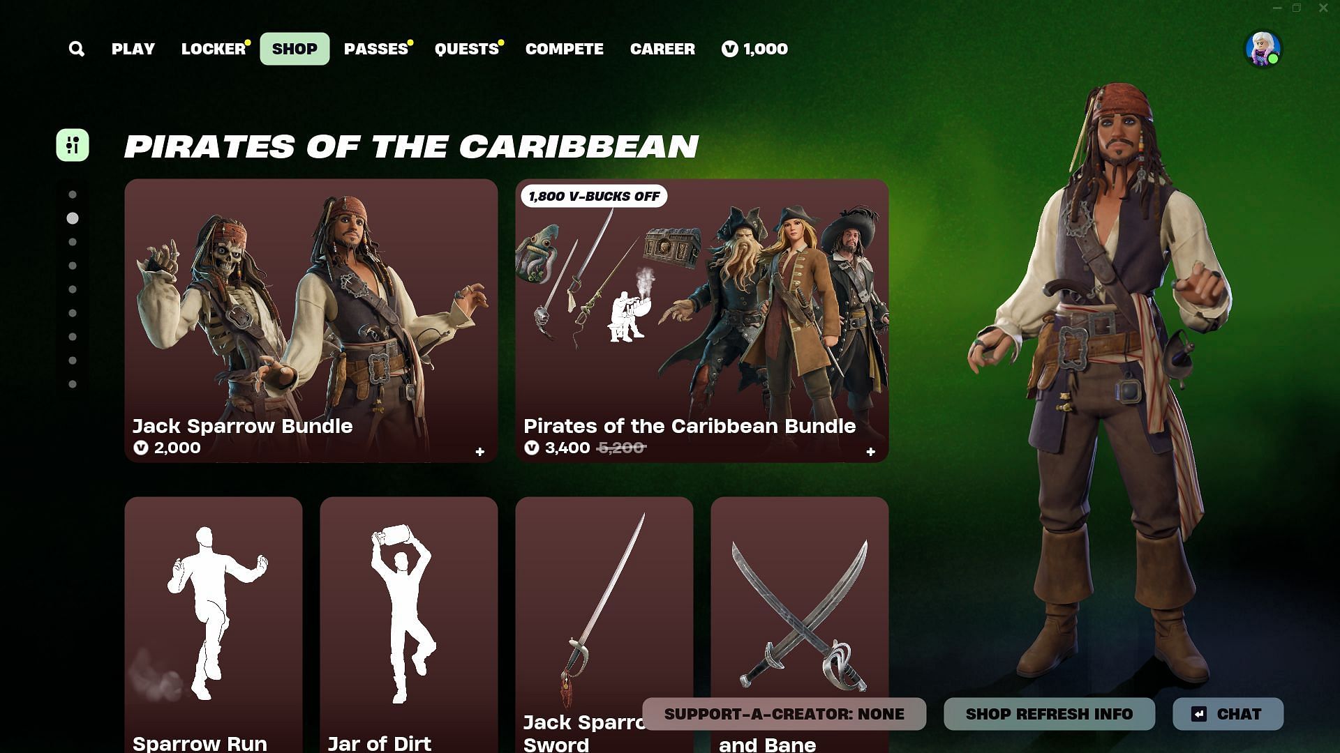 You can now purchase the Jack Sparrow (Pirates of the Caribbean) skin in Fortnite (Image via Epic Games)