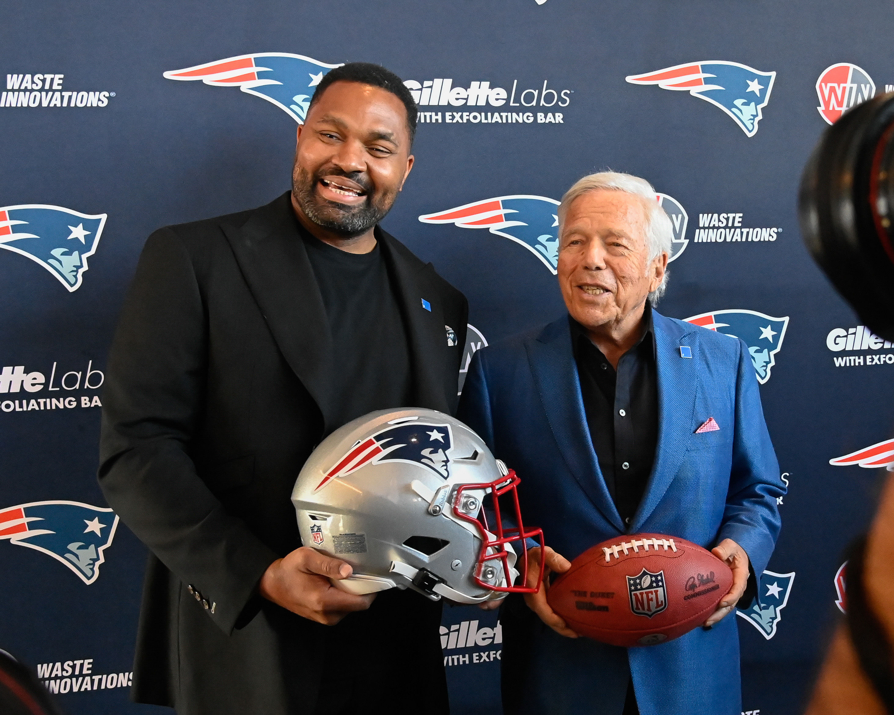 Jan 17, 2024; Foxborough, MA, USA; New England Patriots head coach Jerod Mayo (L) and owner Robert Kraft pose for photos after a press conference announcing Mayo&#039;s hiring as the team&#039;s head coach - Source: Imagn