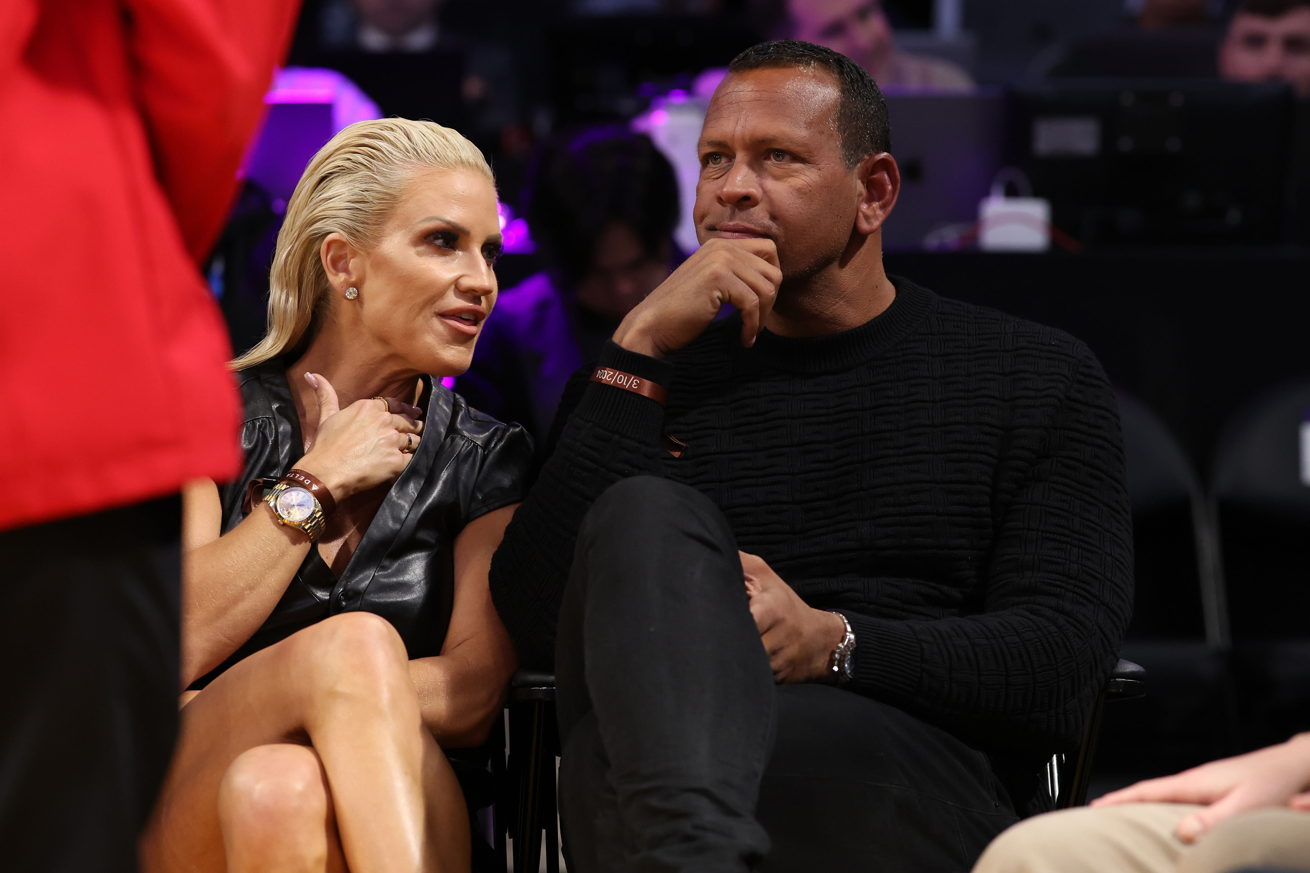 Mar 10, 2024; Los Angeles, California, USA; Jaclyn Cordeiro (left) and former MLB player Alex Rodriguez attend the NBA game between the Los Angeles Lakers and the Minnesota Timberwolves at Crypto.com Arena. - Source: Imagn