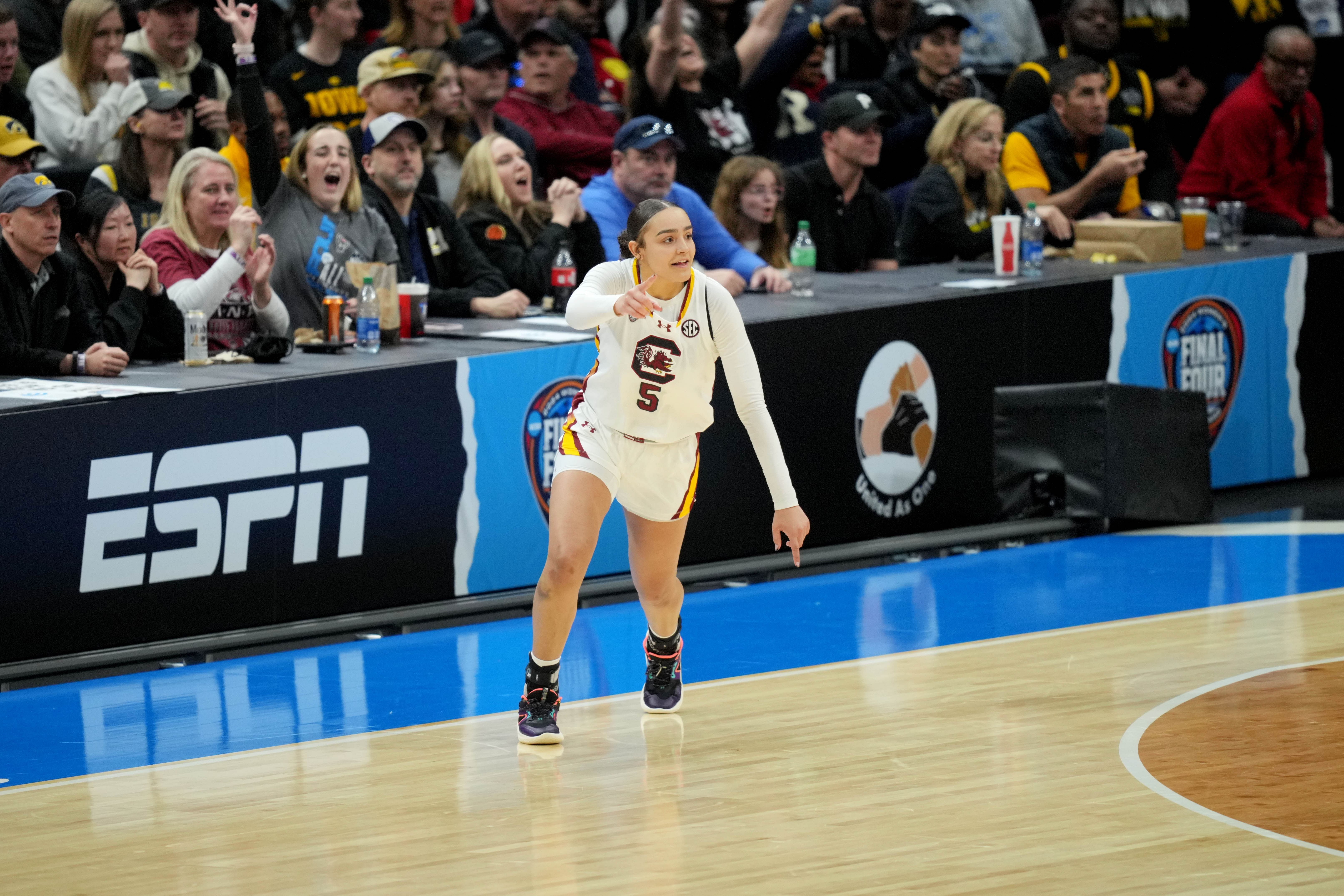 South Carolina Gamecocks guard Tessa Johnson (5) celebrates in the fourth quarter against the Iowa Hawkeyes in the finals of the Final Four of the womens 2024 NCAA Tournament  - Source: Imagn