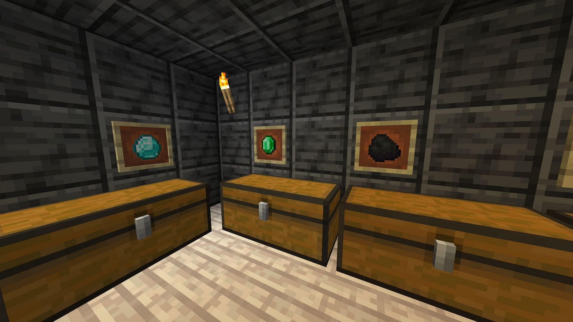 Place item frames beside each chest to know what&#039;s inside it at a glance (Image via Mojang Studios)