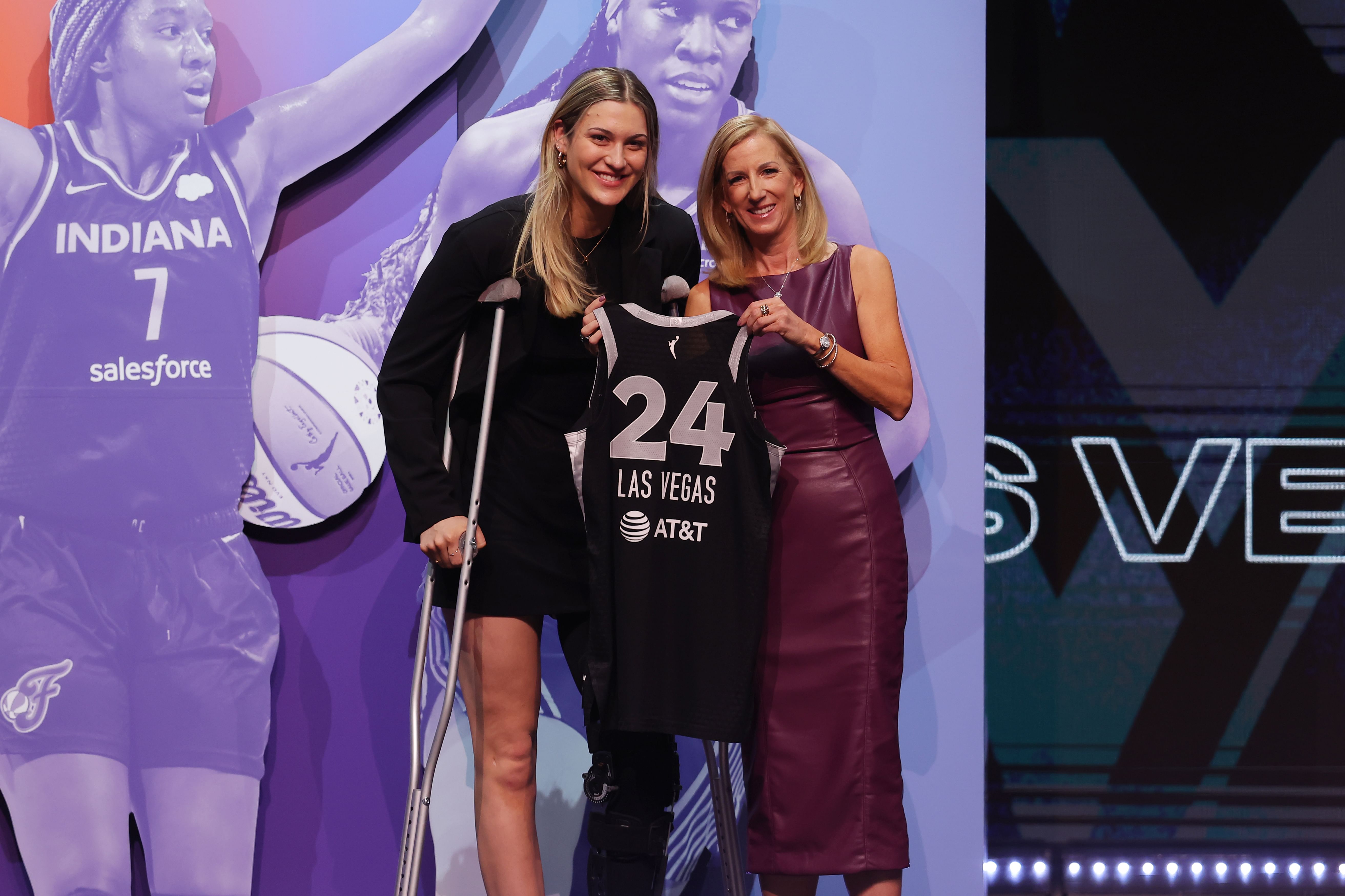 Elizabeth Kitley poses with WNBA commissioner Cathy Engelbert after being selected in the 2024 WNBA Draft at Brooklyn Academy of Music. Photo Credit: Imagn