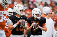 Texas Longhorns quarterbacks Arch Manning (16), left, and Quinn Ewers (3) throw passes while warming up - Source: Imagn