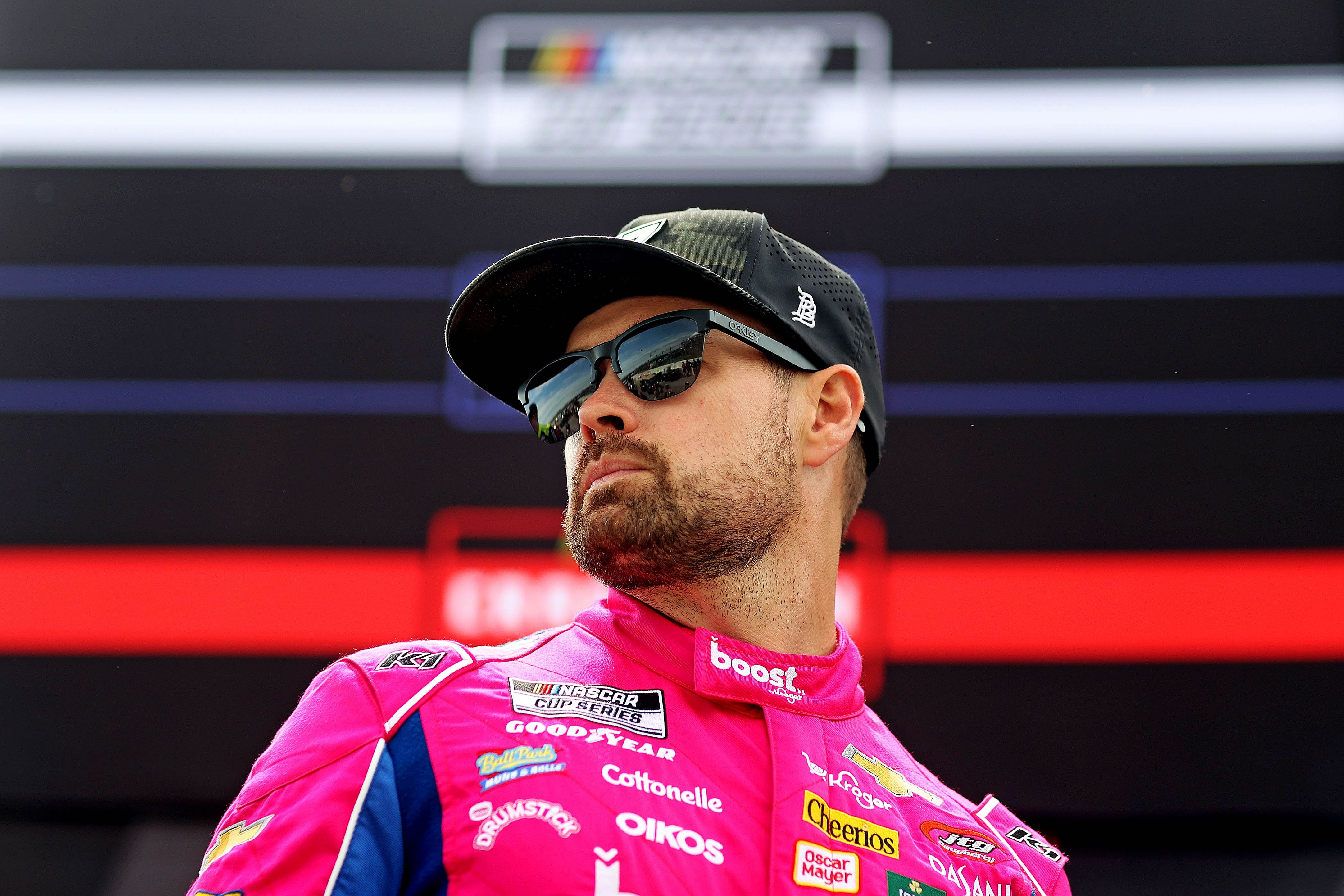 Apr 21, 2024; Talladega, Alabama, USA; NASCAR Cup Series driver Ricky Stenhouse Jr. (47) wait for the start of driver introduction before the GEICO 500 at Talladega Superspeedway. Mandatory Credit: Peter Casey-Imagn Images - Source: Imagn