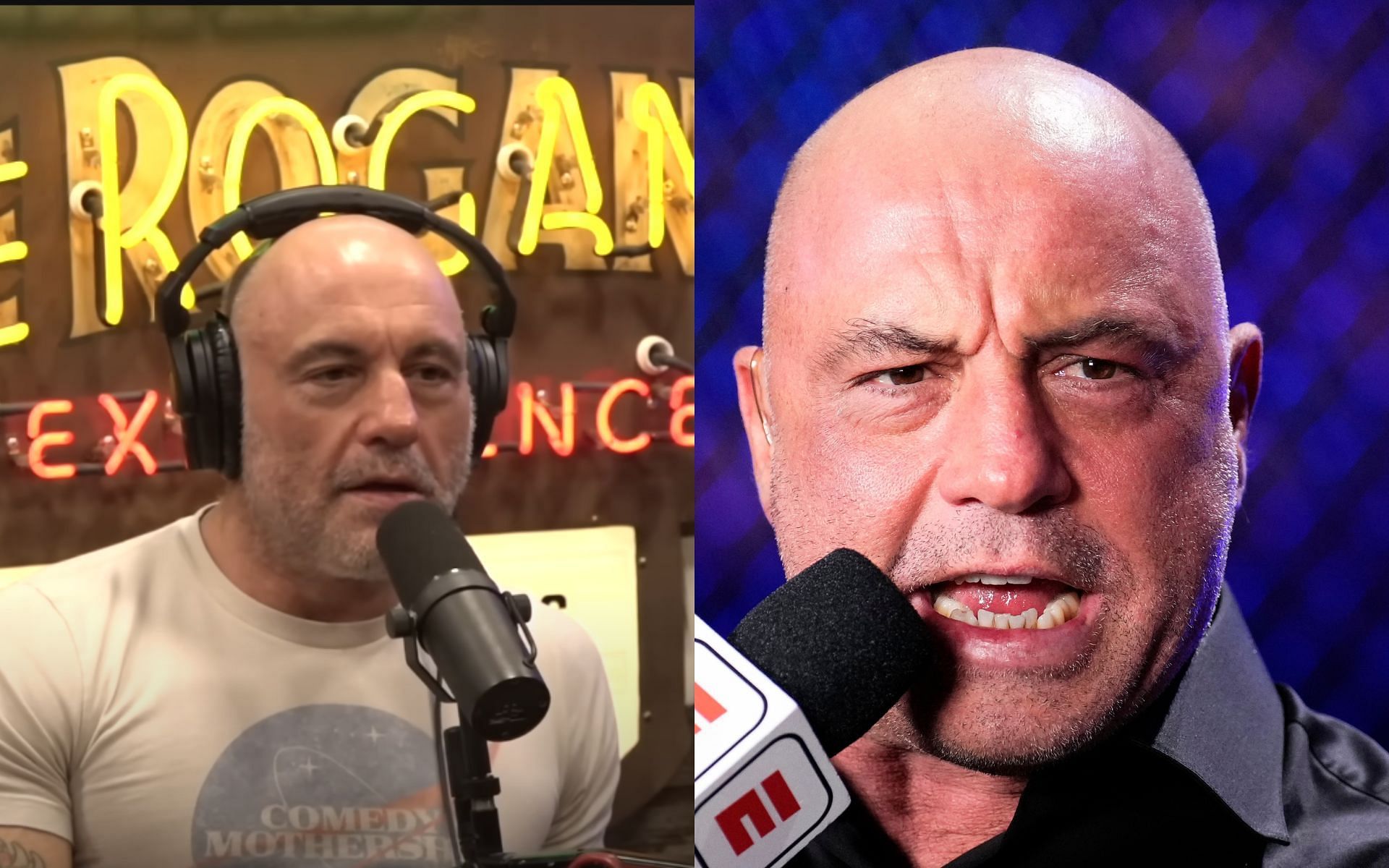 UFC commentator Joe Rogan (left and right) has long reigned as one of the most successful podcasters [Image courtesy: PowerfulJRE on YouTube, Getty Images]