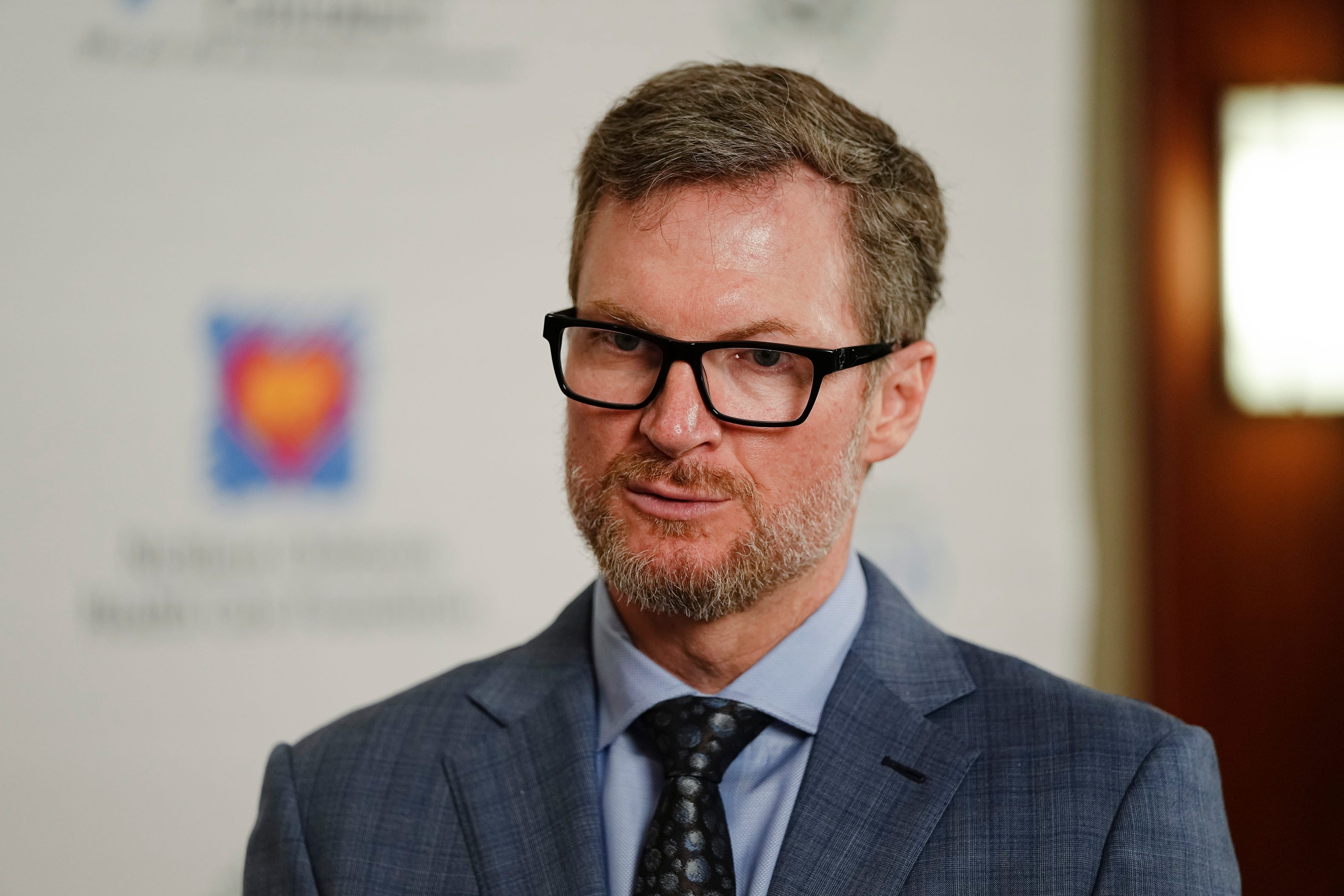 May 1, 2024; Columbus, OH, USA; NASCAR legend Dale Earnhardt Jr. talks to media following the Memorial Tournament Legends Luncheon at the Ohio Union. Earnhardt emceed the event. - Source: Imagn