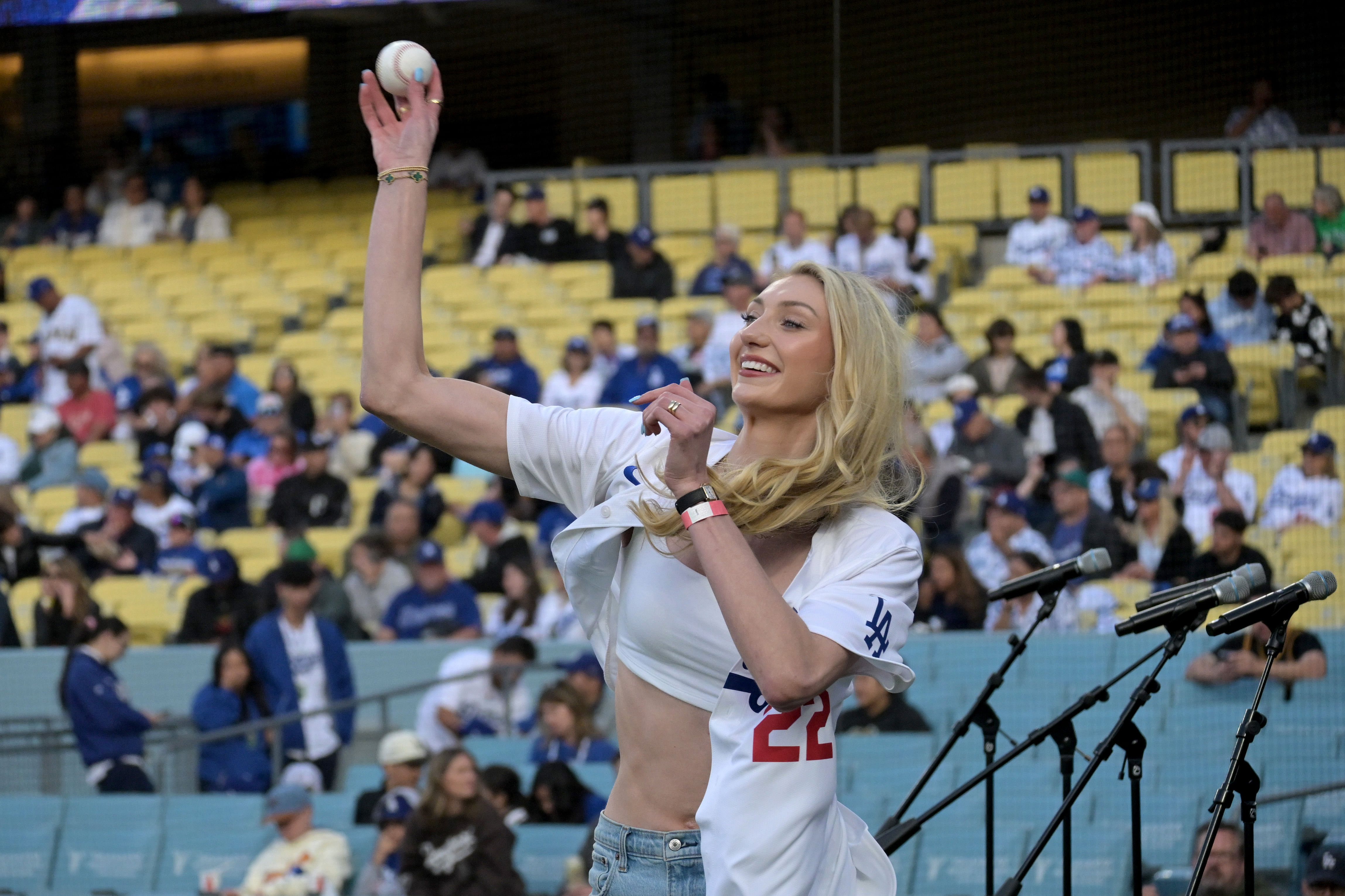 Los Angeles Sparks Cameron Brink warms up to throw out the first pitch prior at Dodger Stadium. Photo Credit: Imagn