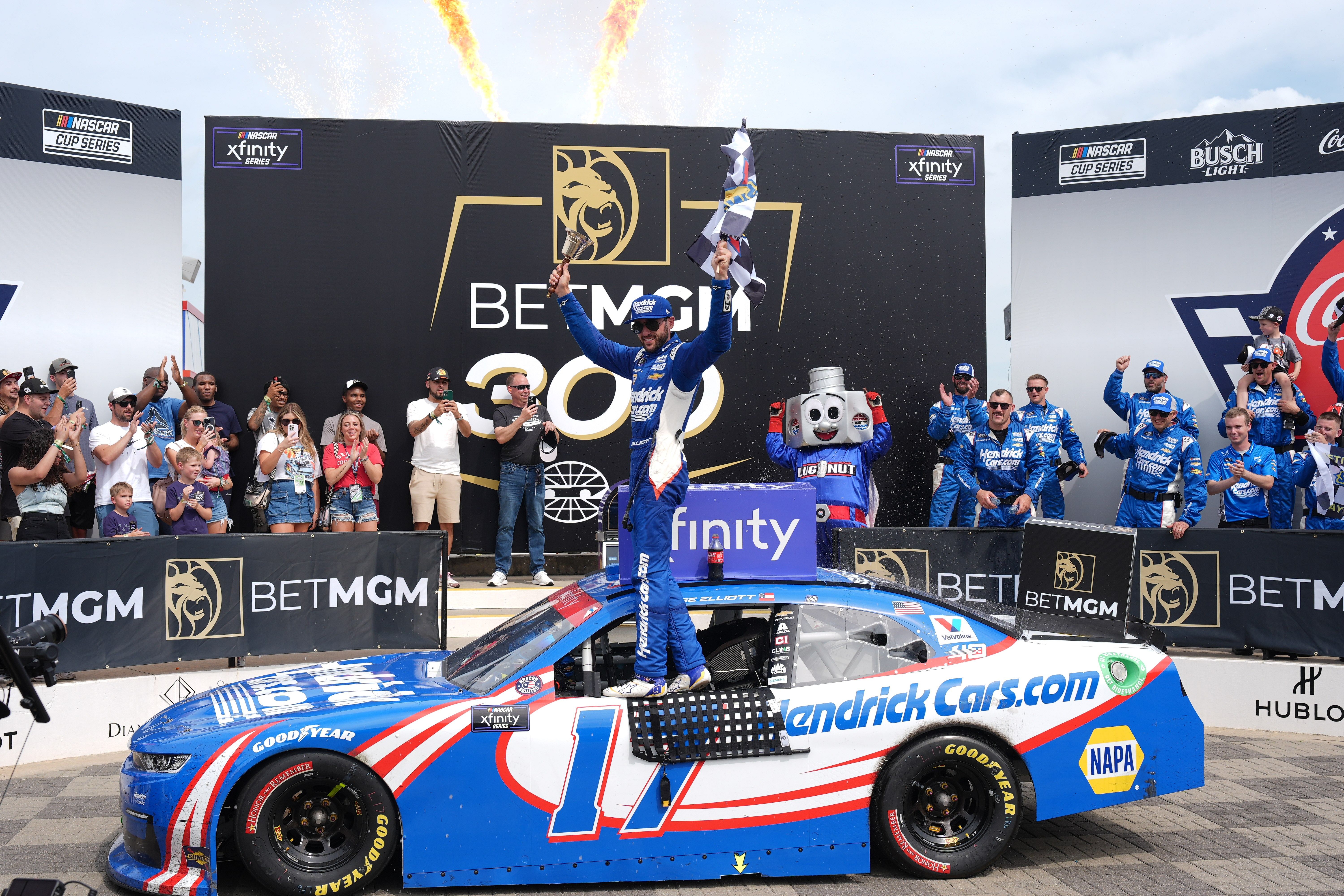 NASCAR Cup Series driver Chase Elliott celebrates in victory lane after winning the BETMGM 300 at Charlotte Motor Speedway - Source: Imagn