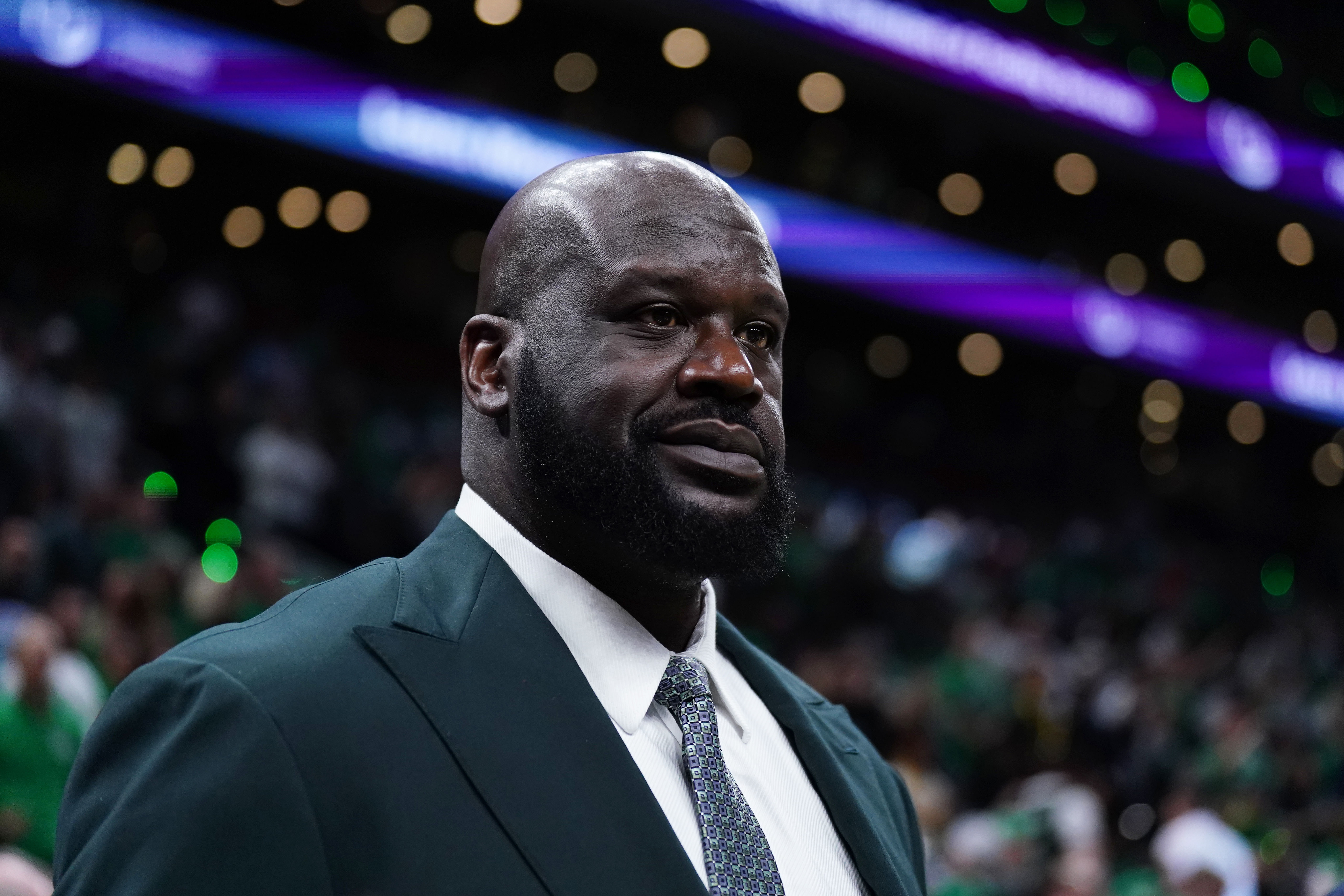 Shaquille O&#039;Neal looks on before the game between the Boston Celtics and the Dallas Mavericks in game one of the 2024 NBA Finals at TD Garden. Photo Credit: Imagn