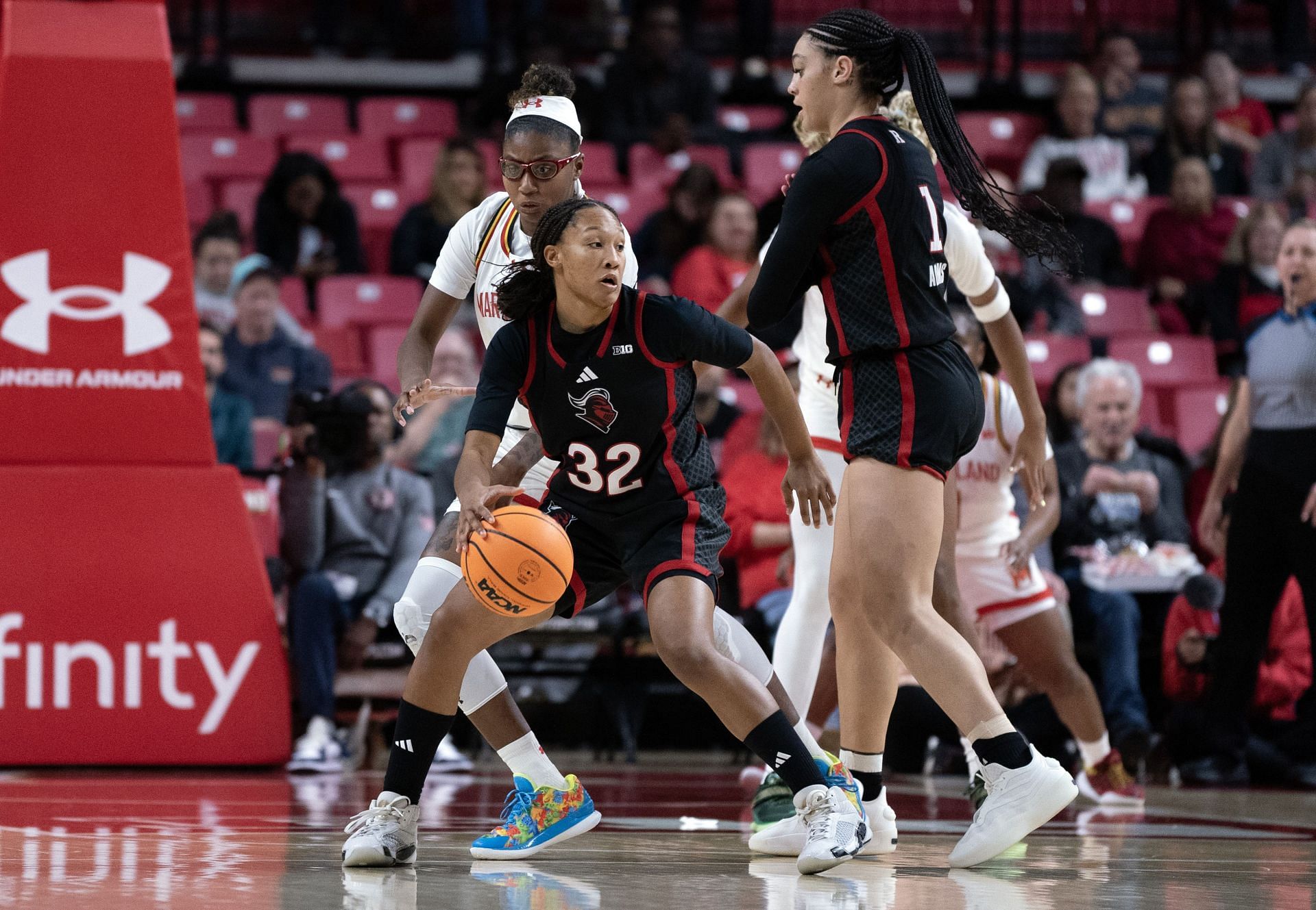 Rutgers Scarlet Knights guard Kiyomi McMiller controls the ball during a Big10 game against the Maryland Terrapins on Jan. 2 at Xfinity Center. Photo: Getty